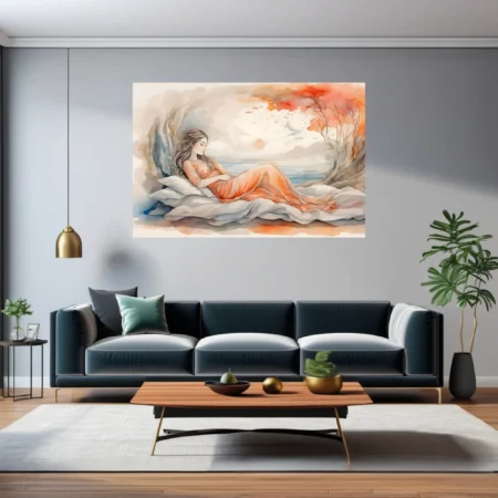 Watercolor-style reclining figure in peach dress, dreamy coastal backdrop, warm terracotta tones