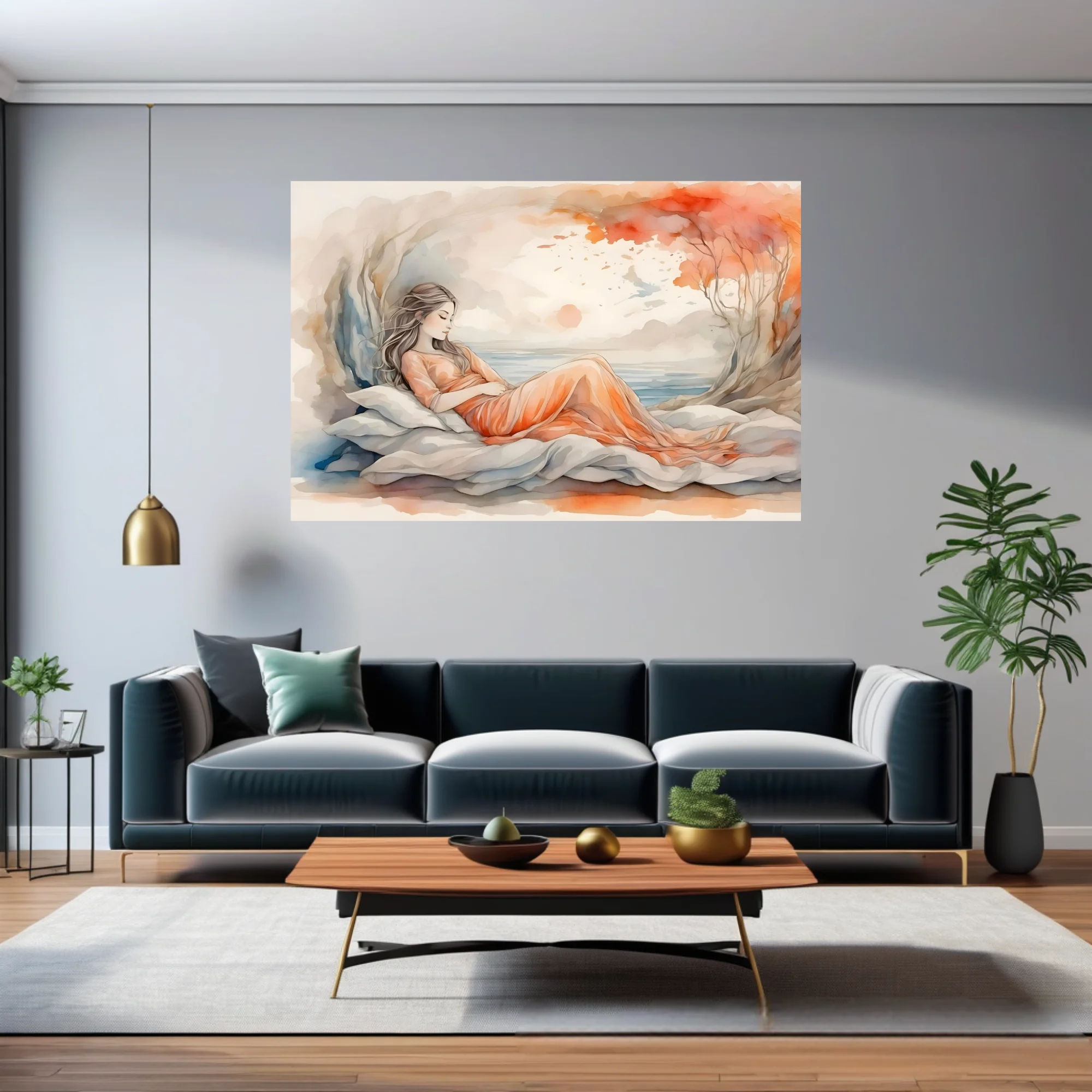 Watercolor-style reclining figure in peach dress, dreamy coastal backdrop, warm terracotta tones