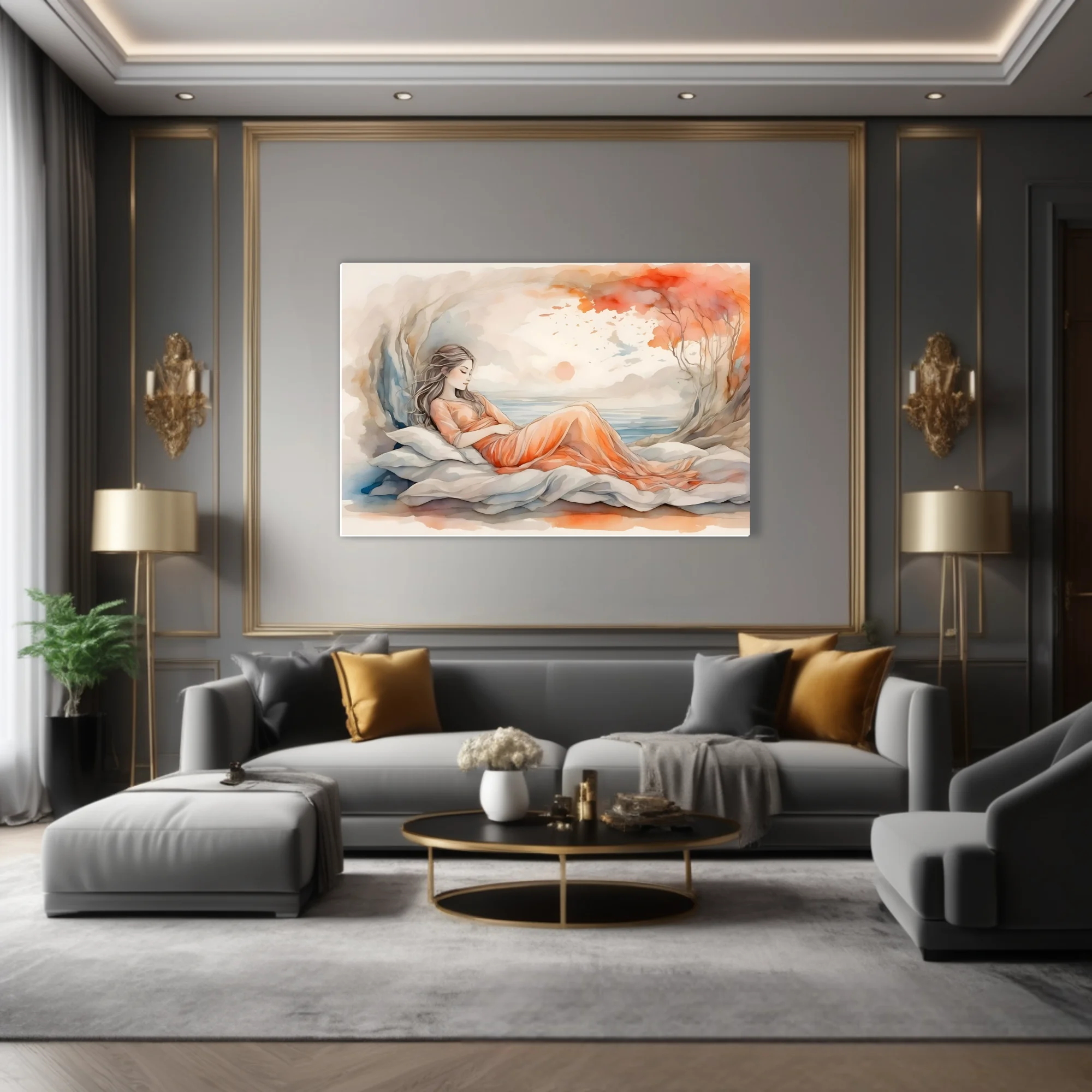 Watercolor-style reclining figure in peach dress, dreamy coastal backdrop, warm terracotta tones
