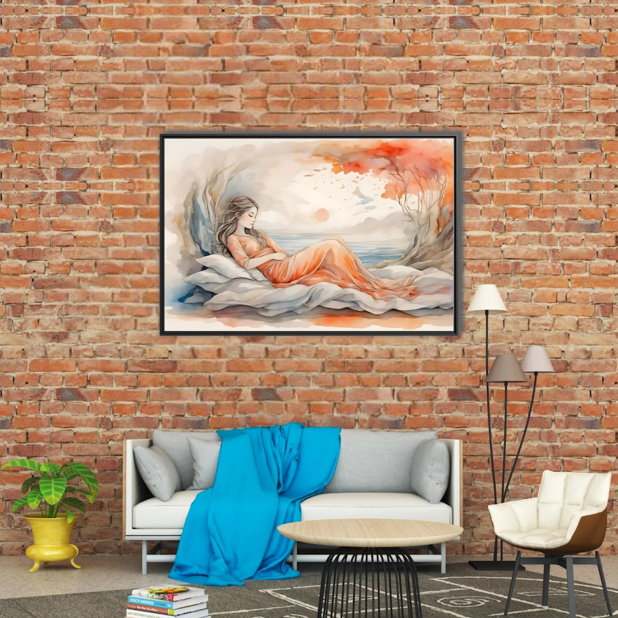 Watercolor-style reclining figure in peach dress, dreamy coastal backdrop, warm terracotta tones