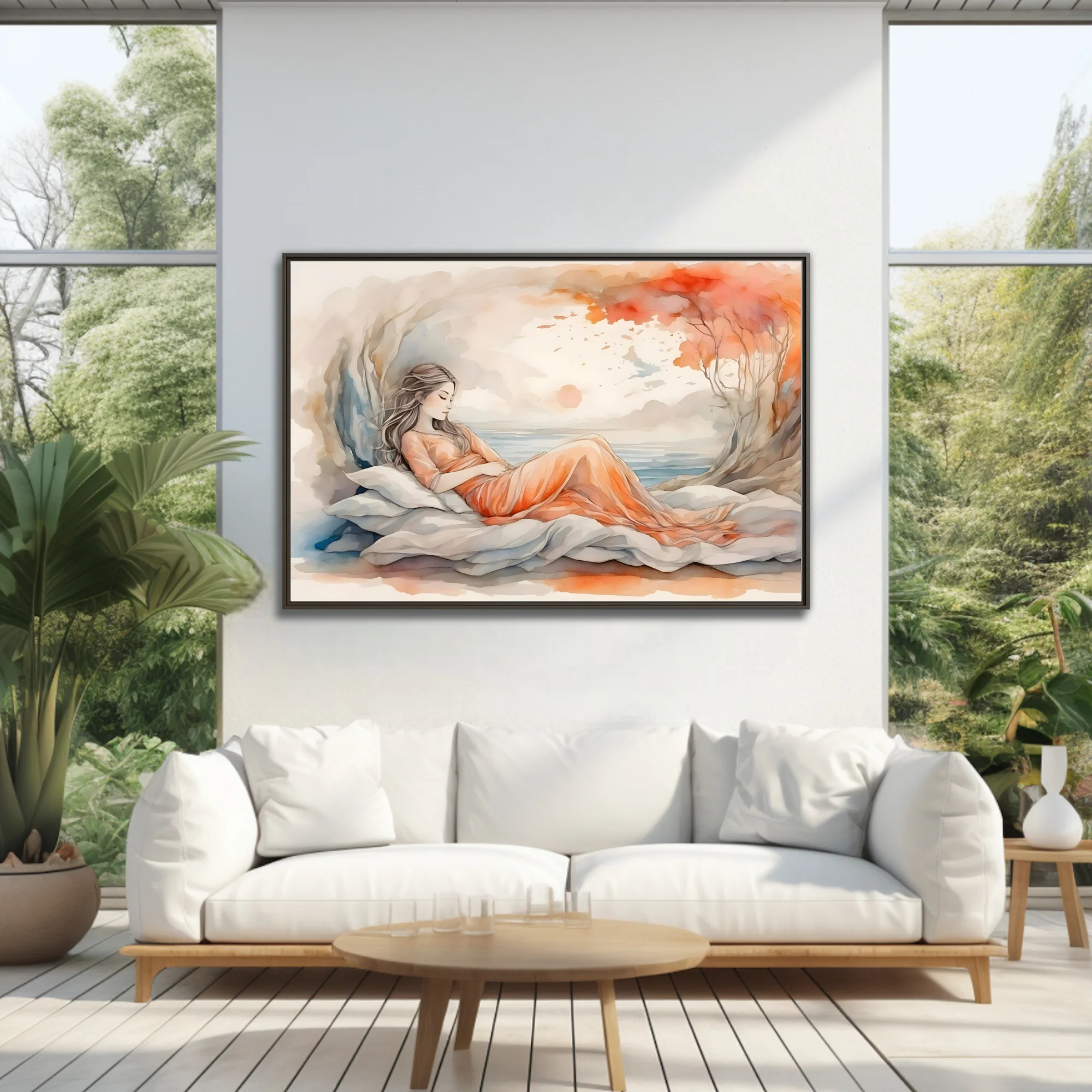 Watercolor-style reclining figure in peach dress, dreamy coastal backdrop, warm terracotta tones