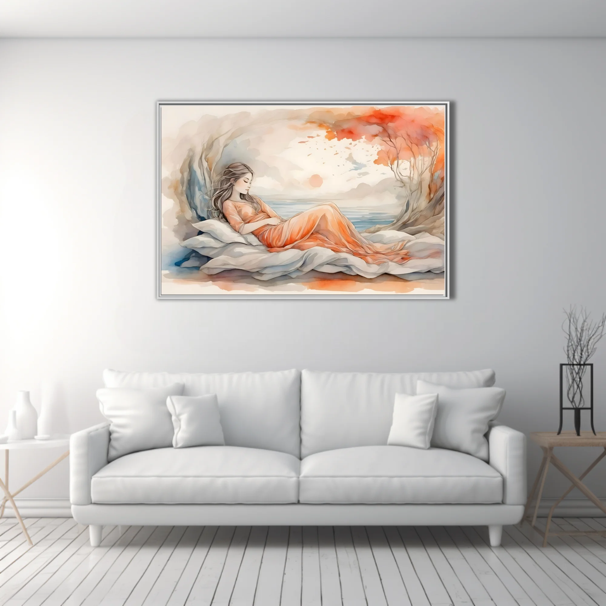 Watercolor-style reclining figure in peach dress, dreamy coastal backdrop, warm terracotta tones