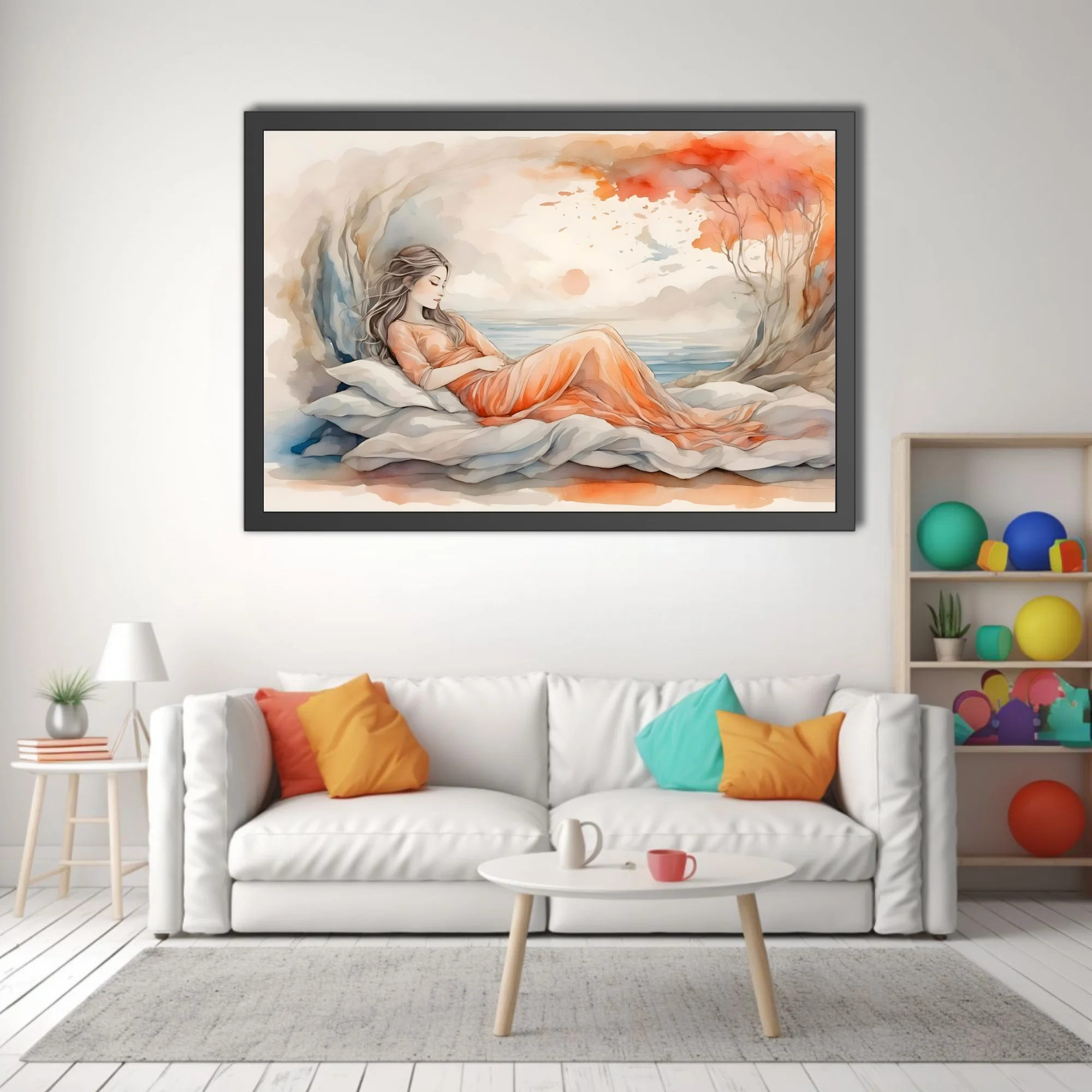 Watercolor-style reclining figure in peach dress, dreamy coastal backdrop, warm terracotta tones