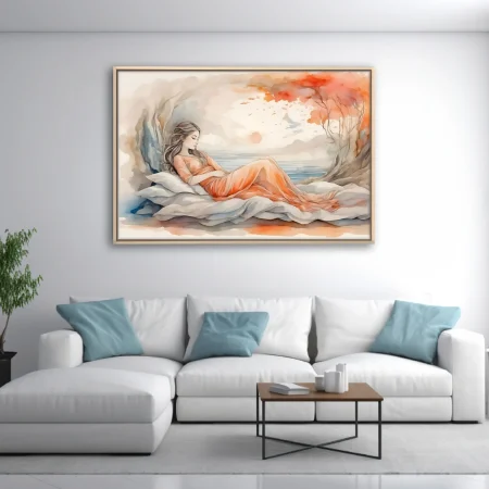 Watercolor-style reclining figure in peach dress, dreamy coastal backdrop, warm terracotta tones