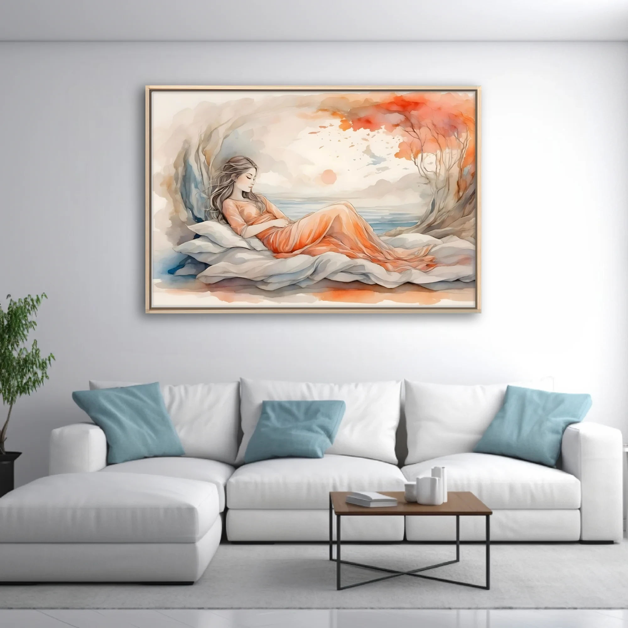 Watercolor-style reclining figure in peach dress, dreamy coastal backdrop, warm terracotta tones