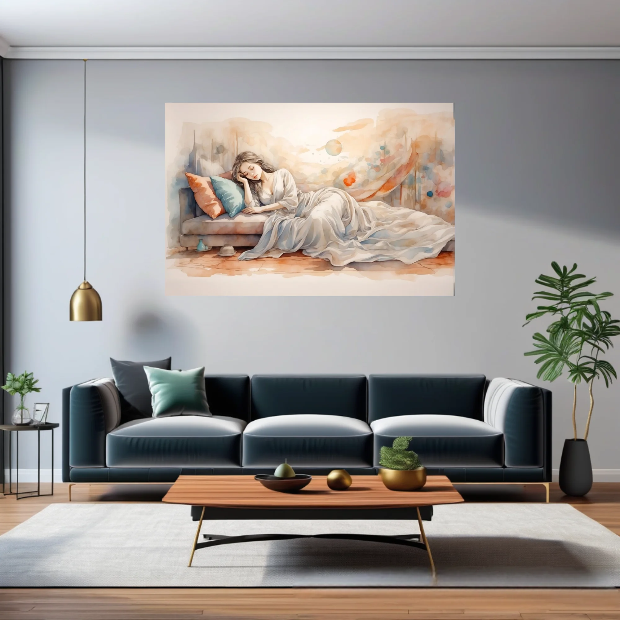 Watercolor-style sleeping figure in soft peach and teal dreamy interior scene