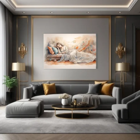 Watercolor-style sleeping figure in soft peach and teal dreamy interior scene