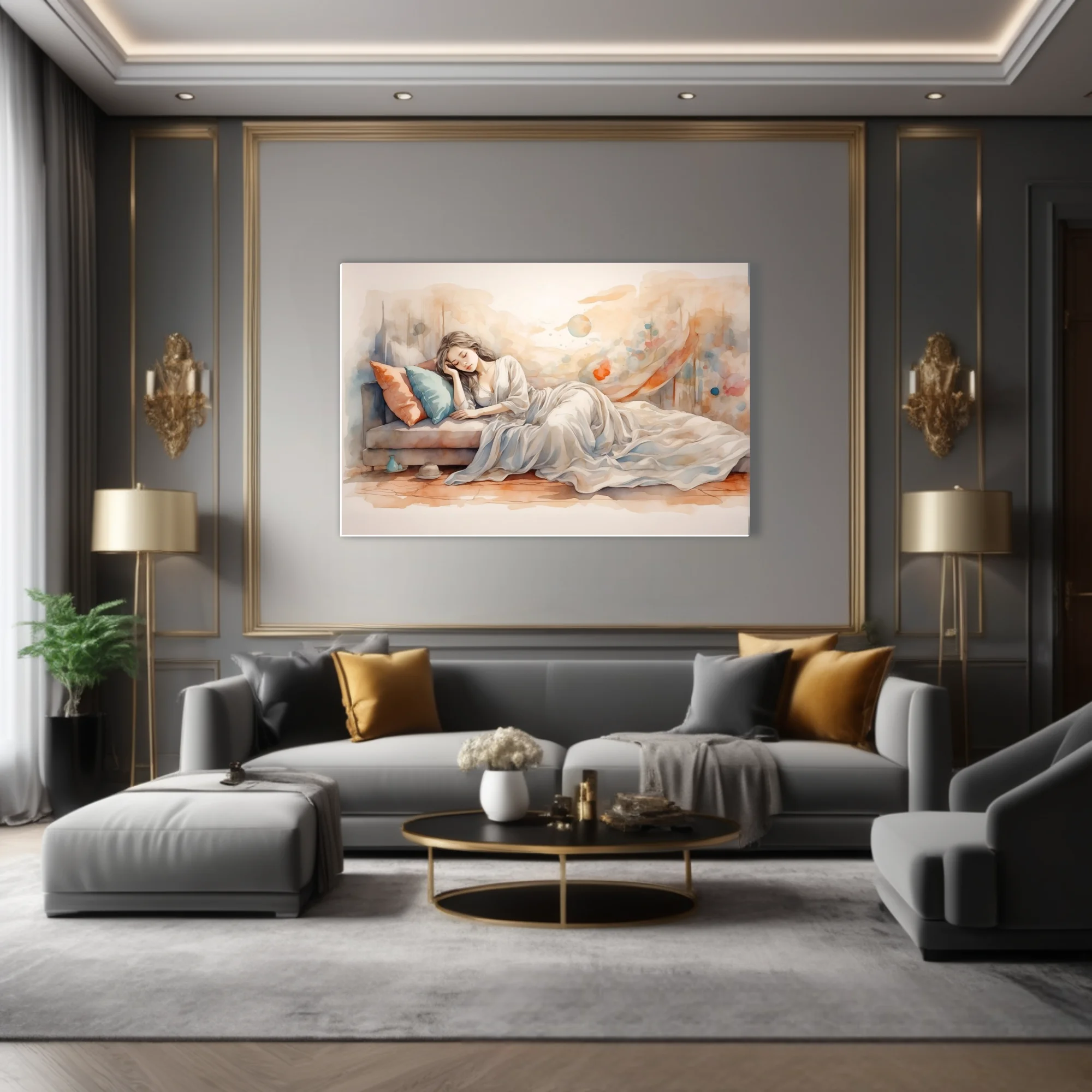 Watercolor-style sleeping figure in soft peach and teal dreamy interior scene