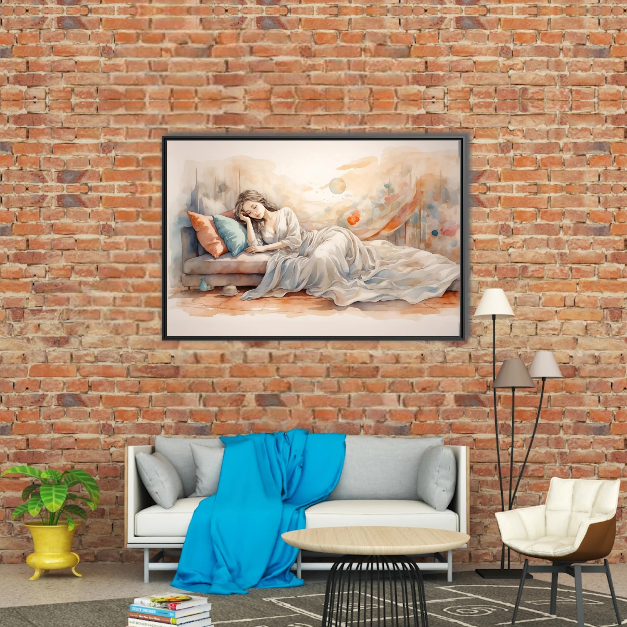 Watercolor-style sleeping figure in soft peach and teal dreamy interior scene