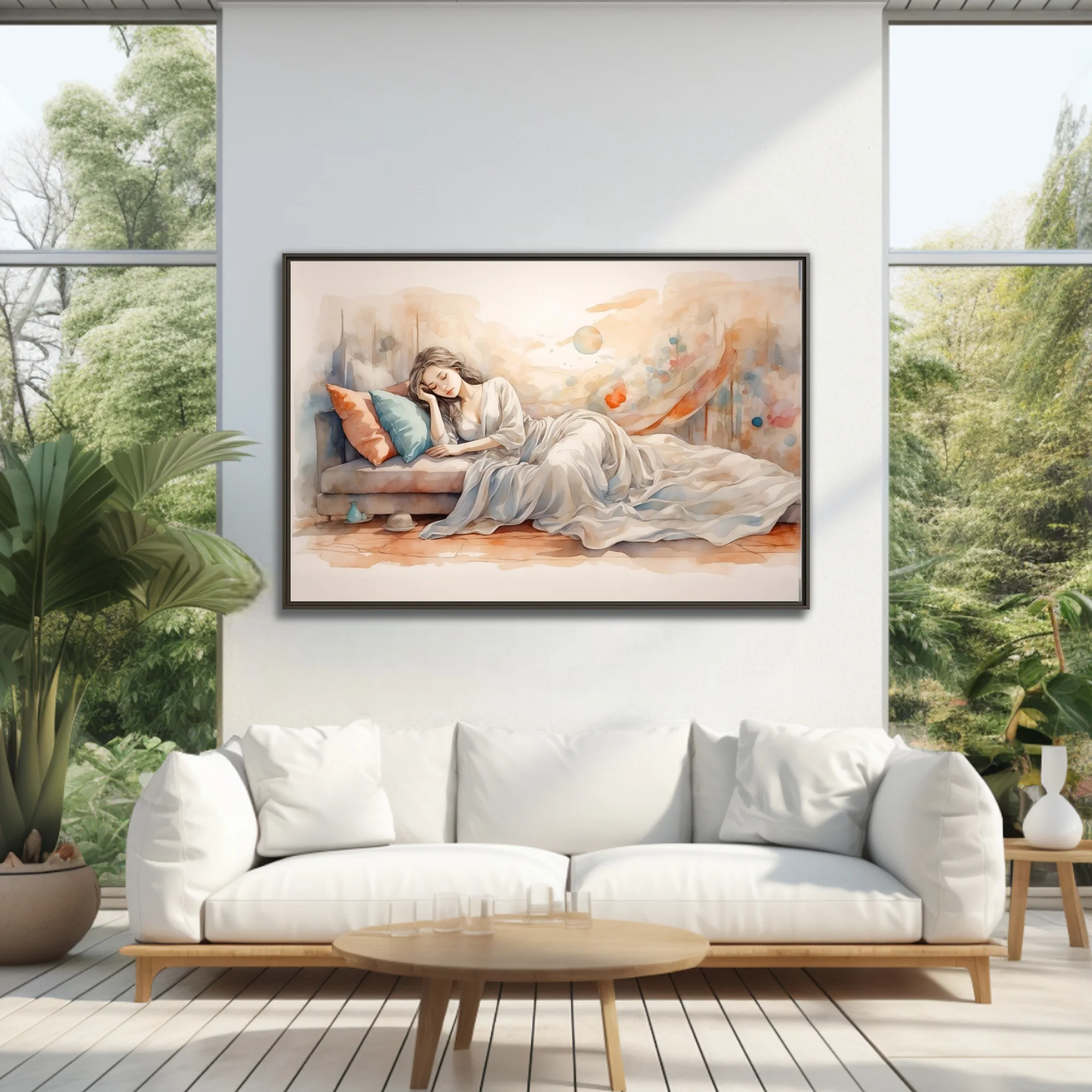 Watercolor-style sleeping figure in soft peach and teal dreamy interior scene