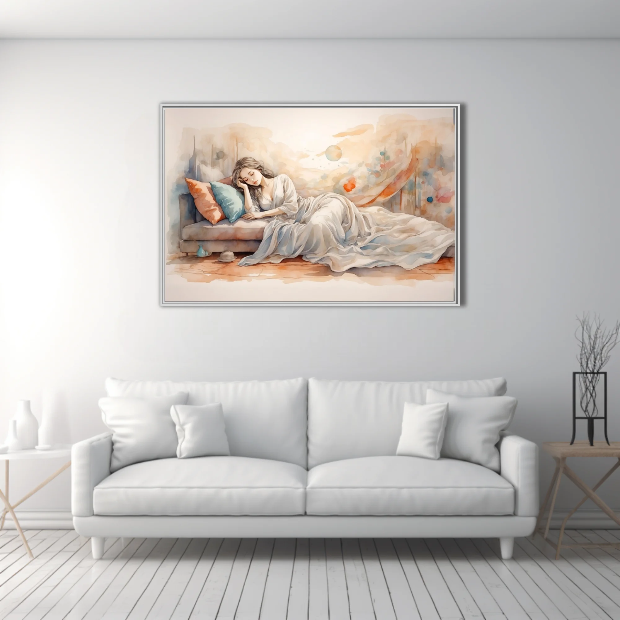 Watercolor-style sleeping figure in soft peach and teal dreamy interior scene