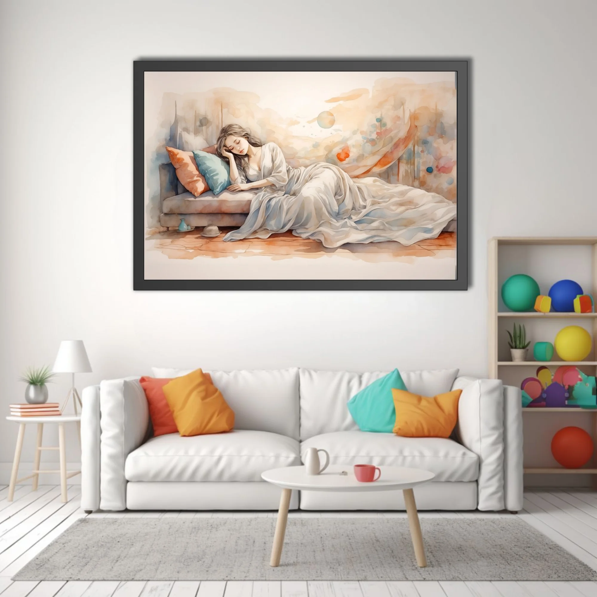 Watercolor-style sleeping figure in soft peach and teal dreamy interior scene