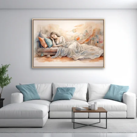 Watercolor-style sleeping figure in soft peach and teal dreamy interior scene