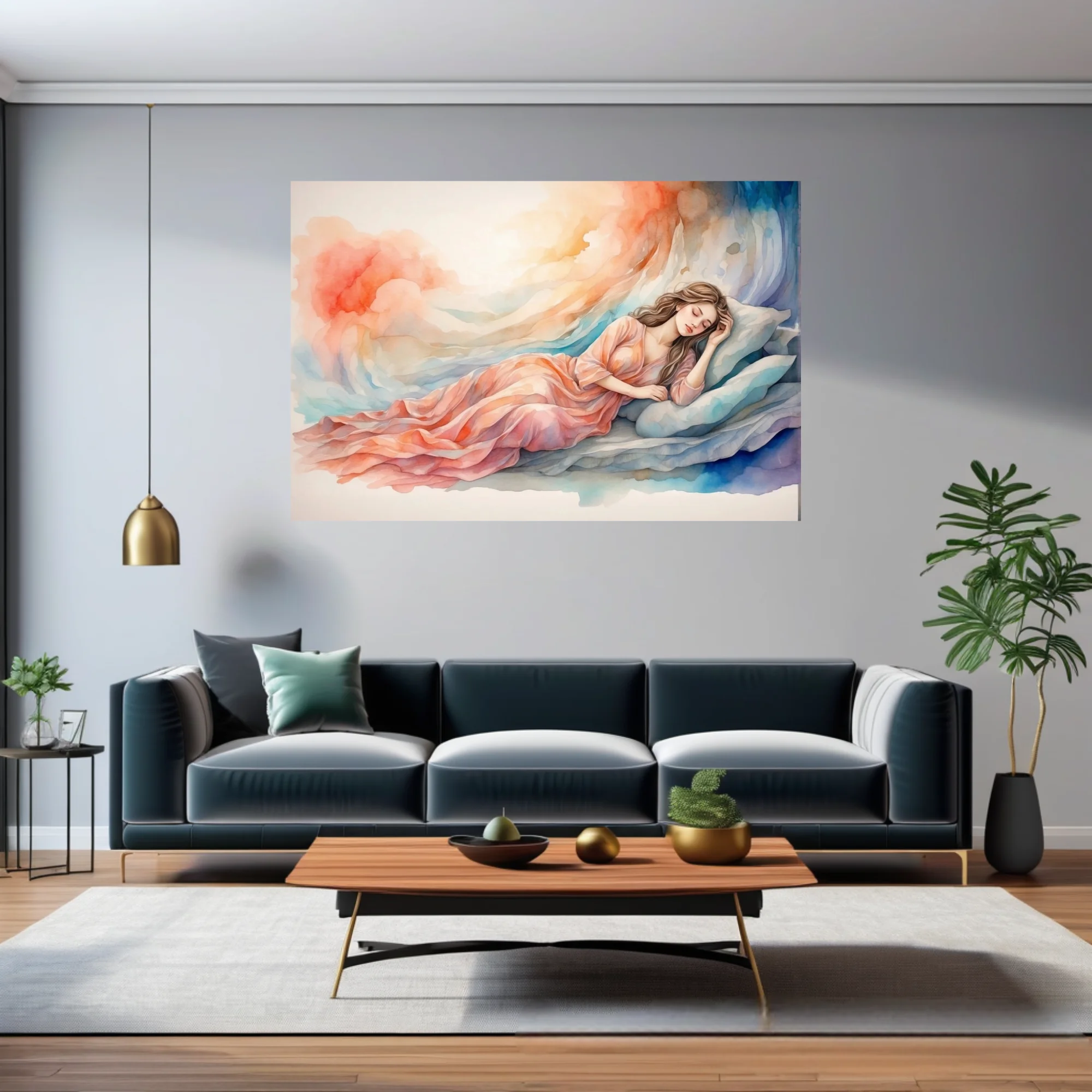 Watercolor-style sleeping woman in peach tones with dreamy coral and blue washes