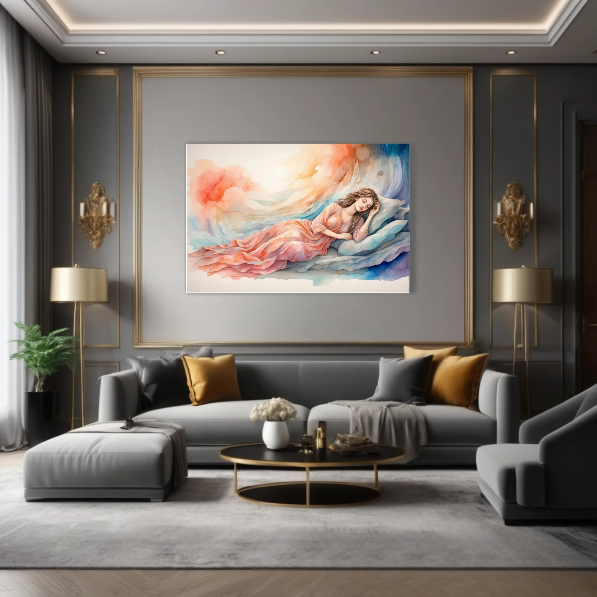 Watercolor-style sleeping woman in peach tones with dreamy coral and blue washes