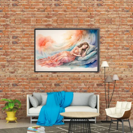 Watercolor-style sleeping woman in peach tones with dreamy coral and blue washes