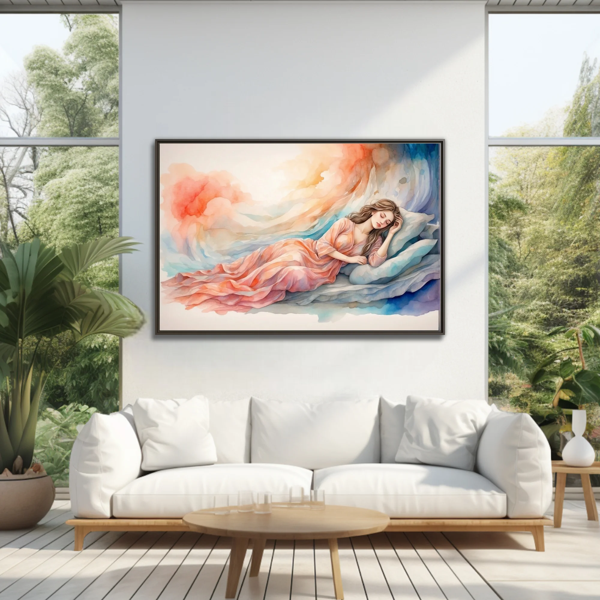 Watercolor-style sleeping woman in peach tones with dreamy coral and blue washes