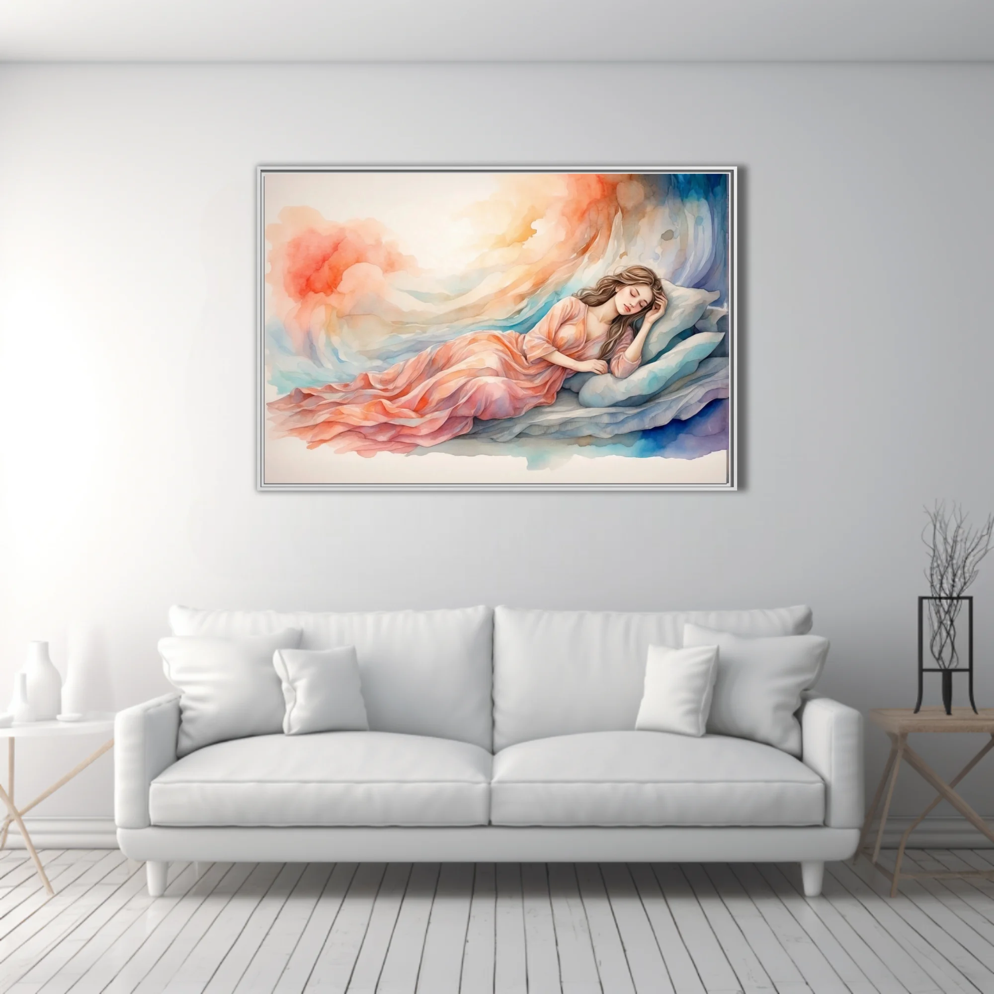 Watercolor-style sleeping woman in peach tones with dreamy coral and blue washes