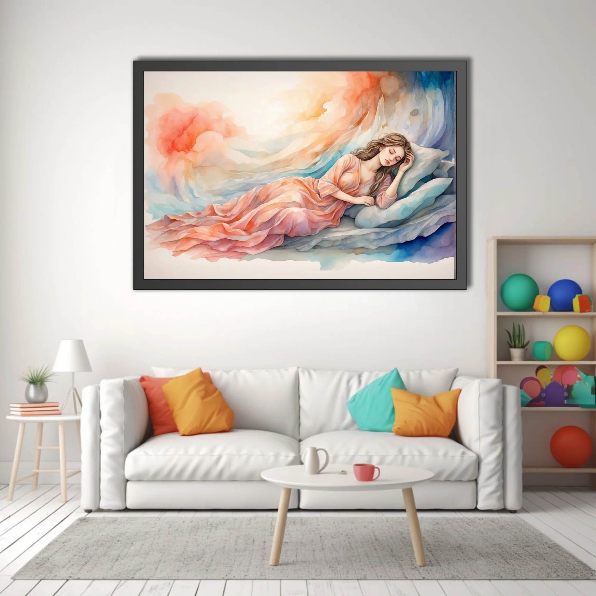 Watercolor-style sleeping woman in peach tones with dreamy coral and blue washes