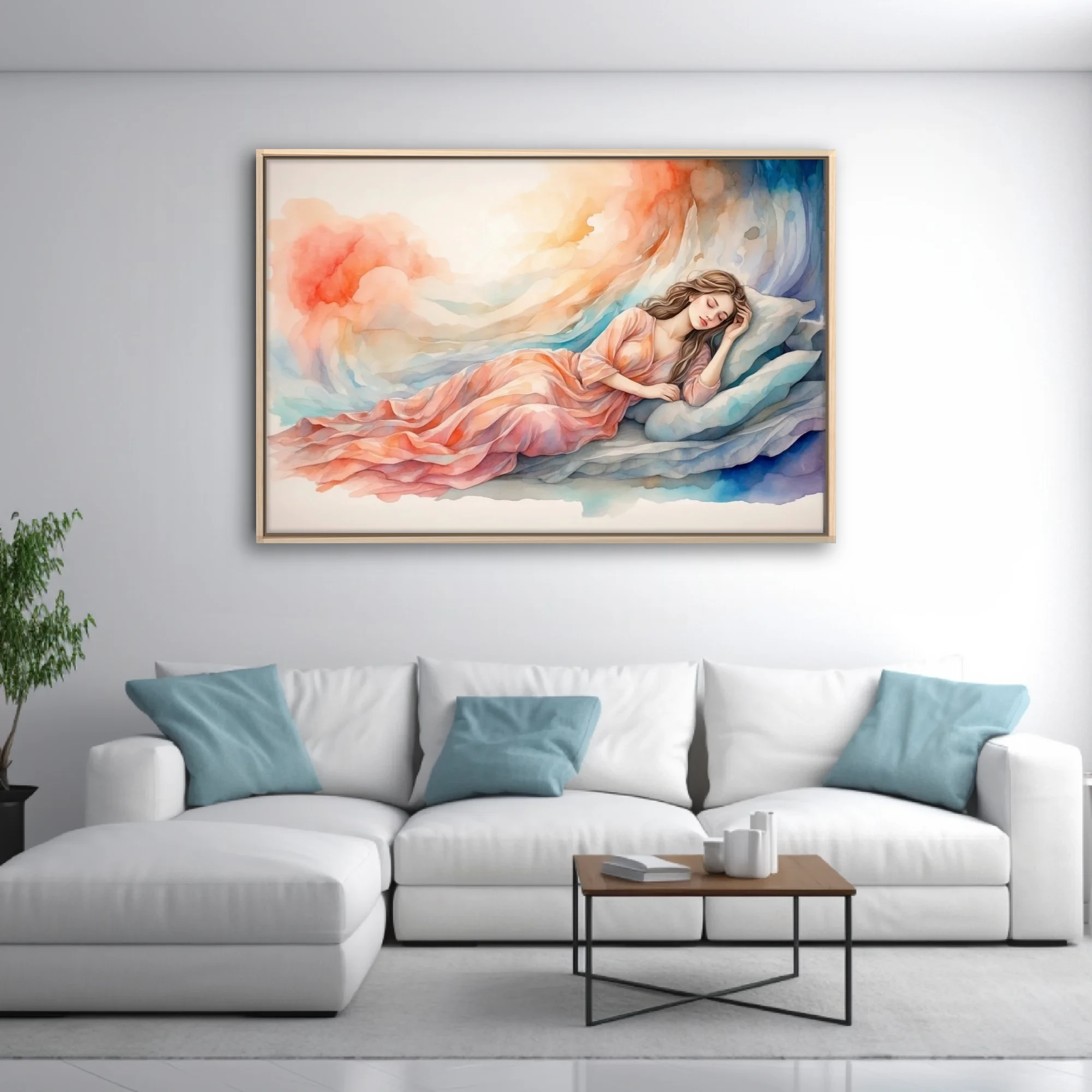 Watercolor-style sleeping woman in peach tones with dreamy coral and blue washes