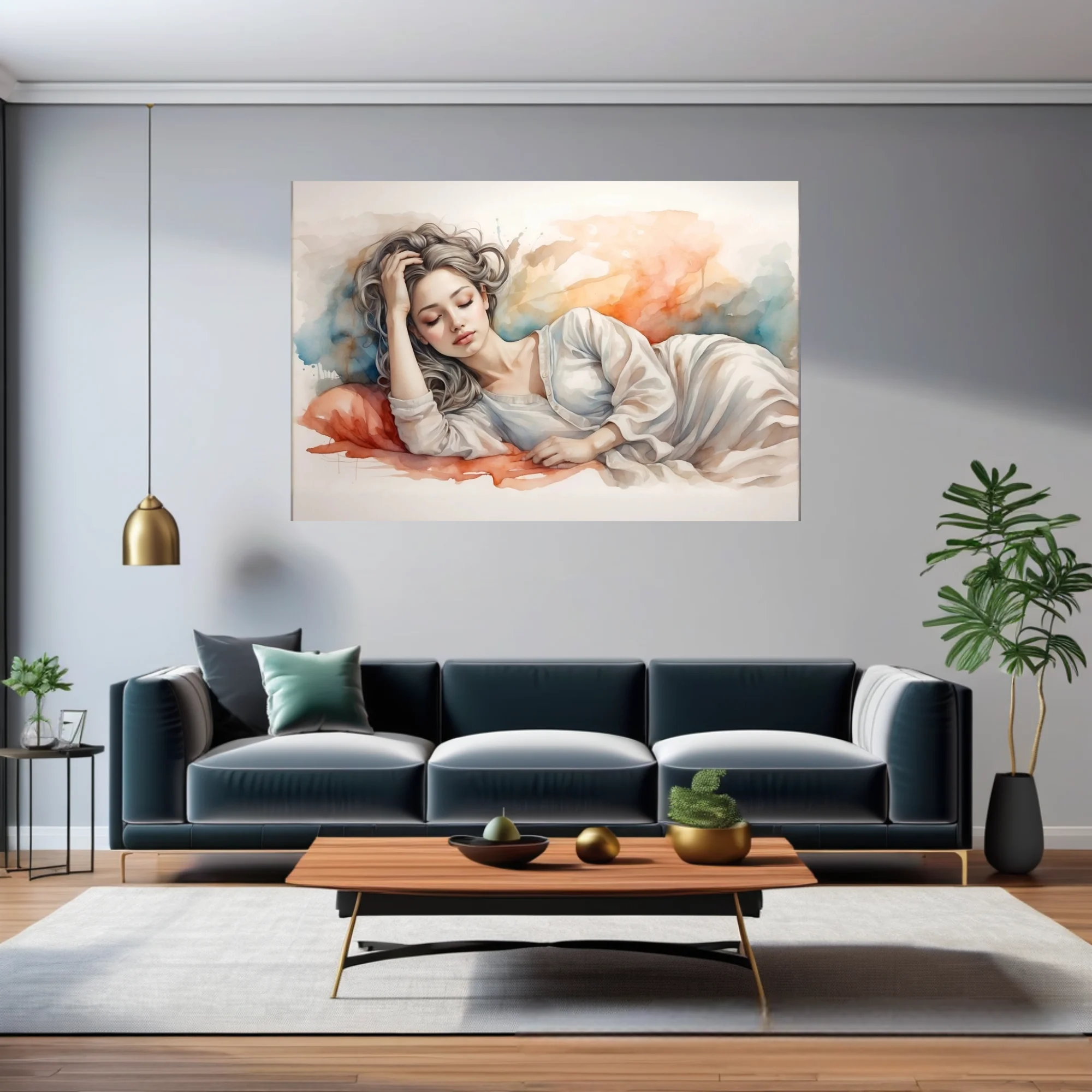 Watercolor-style reclining figure, silver hair, soft coral and blue washes, dreamy mood