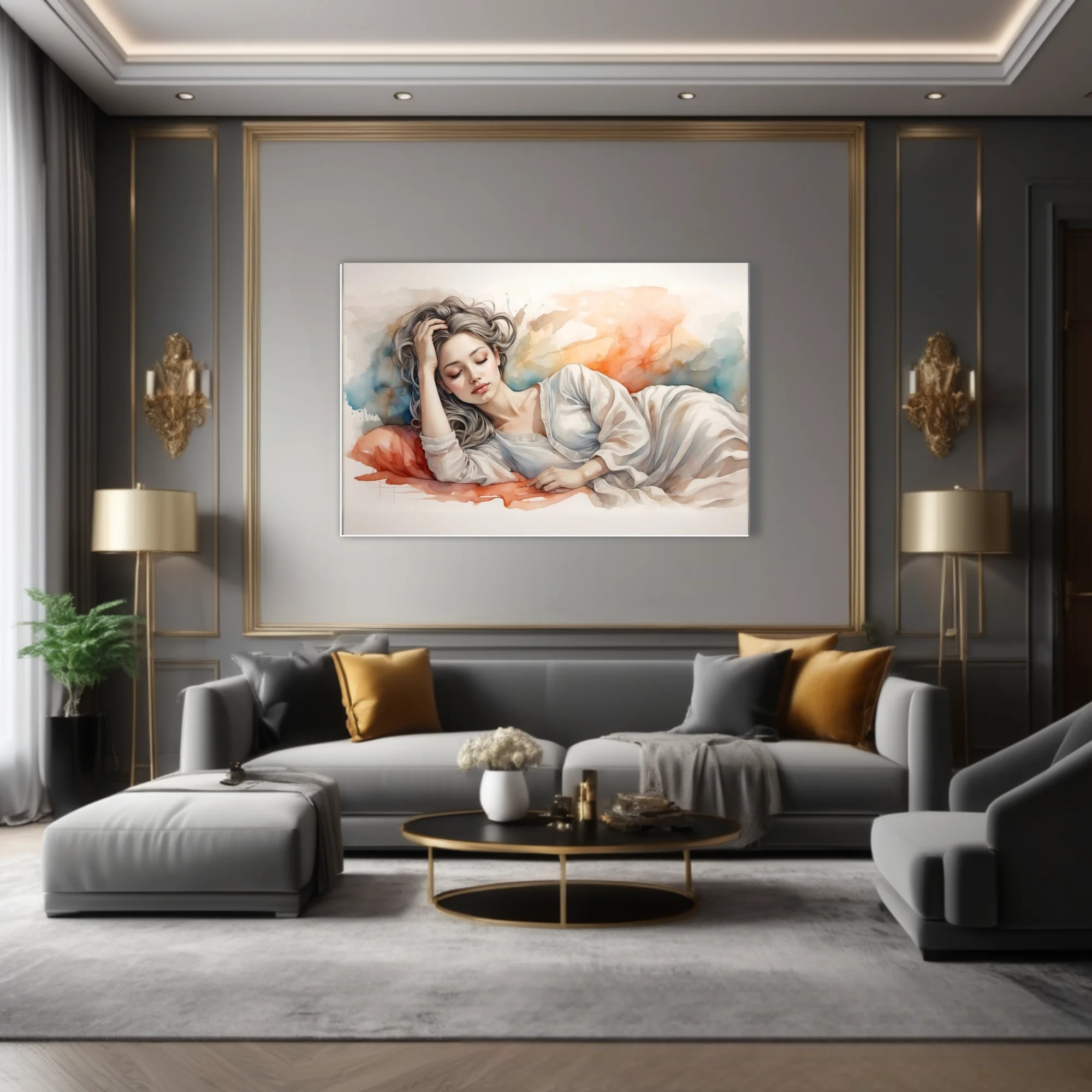 Watercolor-style reclining figure, silver hair, soft coral and blue washes, dreamy mood