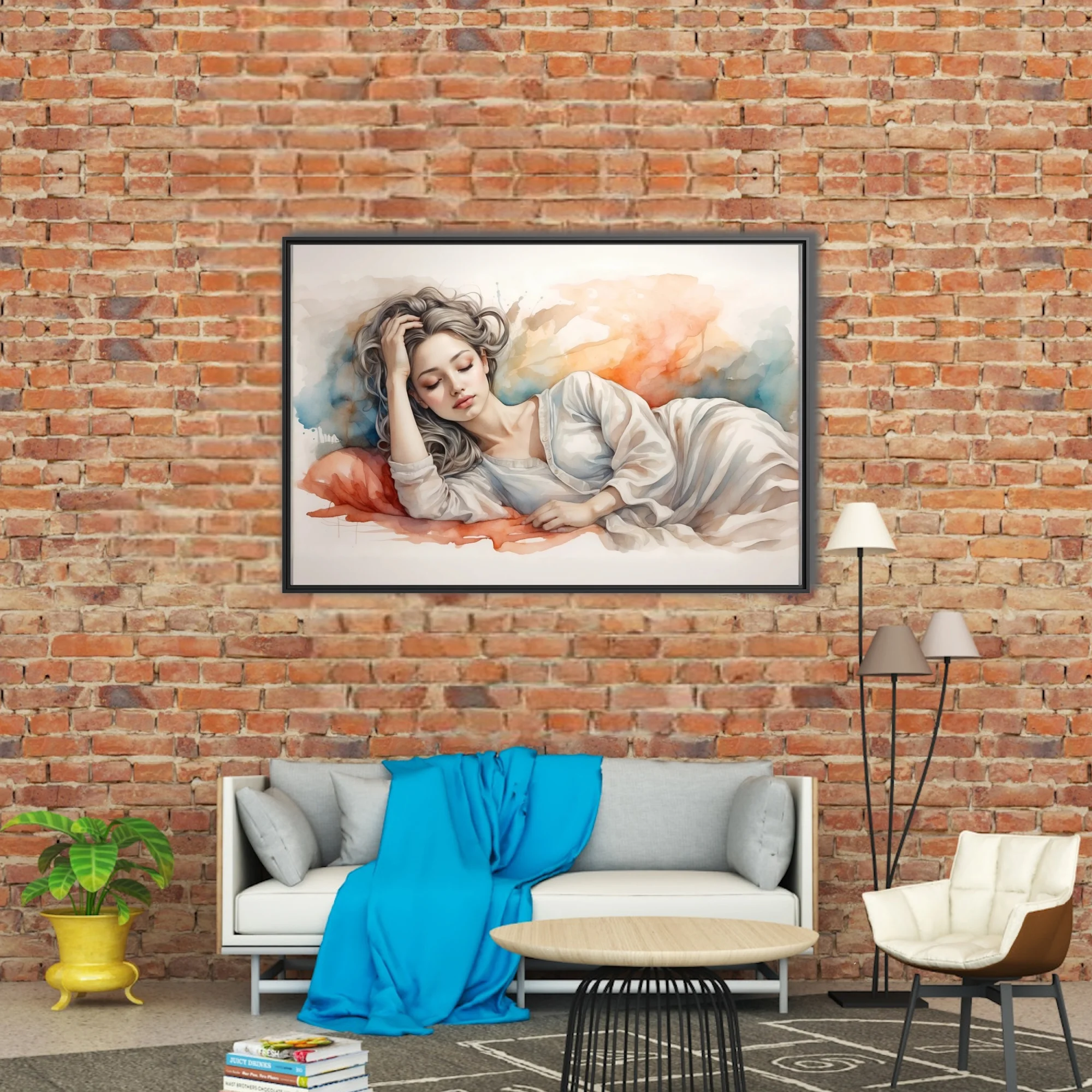 Watercolor-style reclining figure, silver hair, soft coral and blue washes, dreamy mood