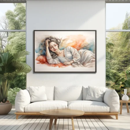 Watercolor-style reclining figure, silver hair, soft coral and blue washes, dreamy mood