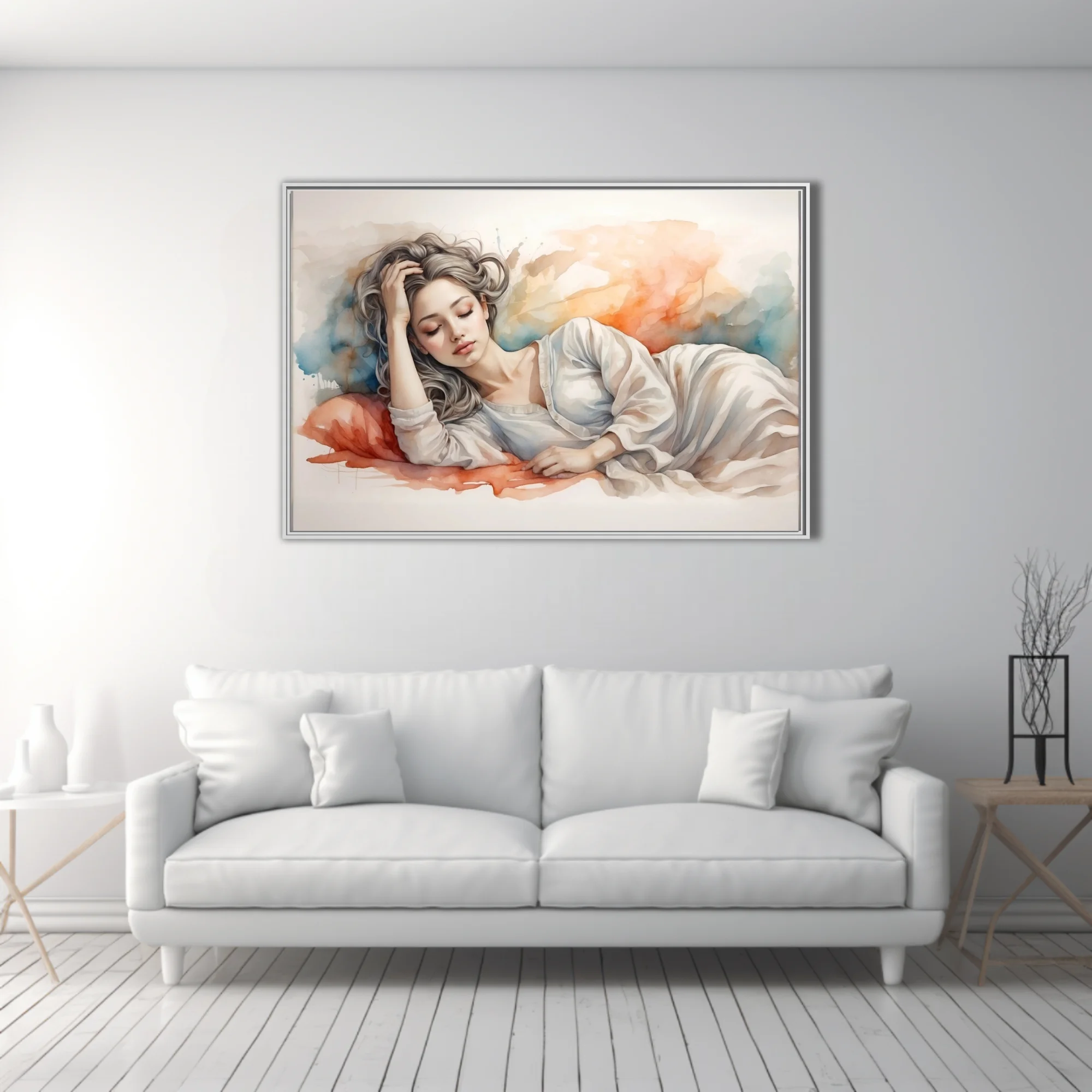 Watercolor-style reclining figure, silver hair, soft coral and blue washes, dreamy mood