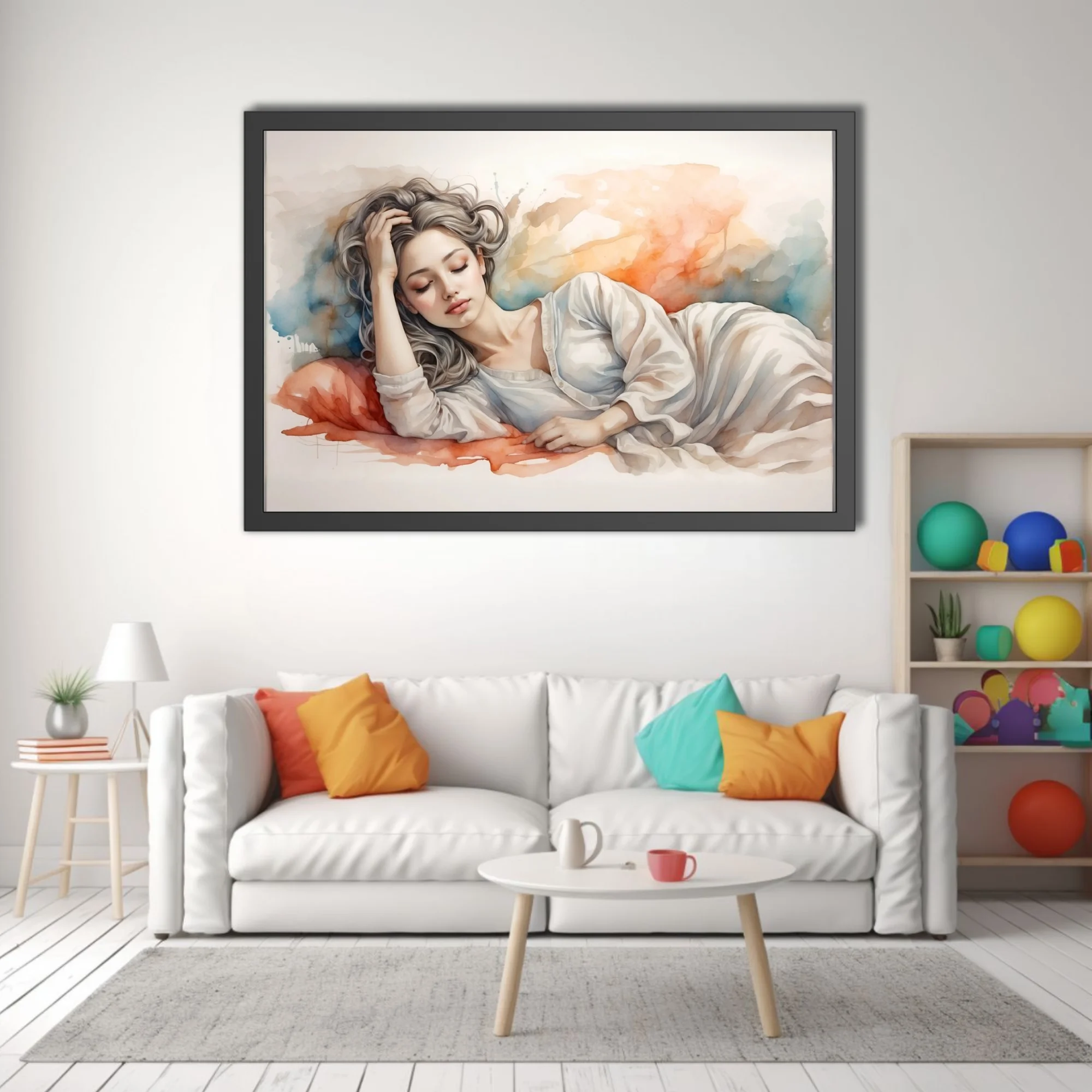 Watercolor-style reclining figure, silver hair, soft coral and blue washes, dreamy mood