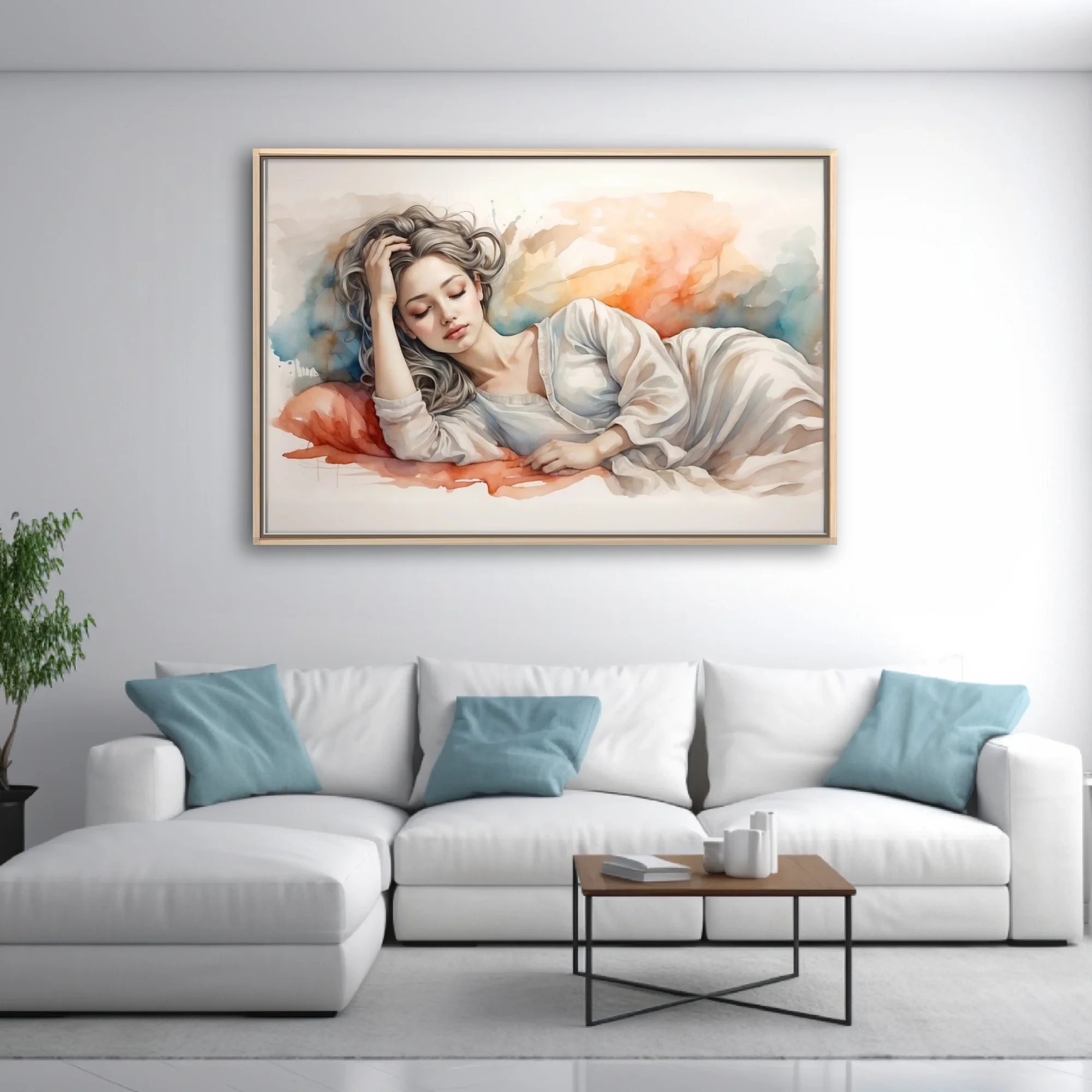 Watercolor-style reclining figure, silver hair, soft coral and blue washes, dreamy mood