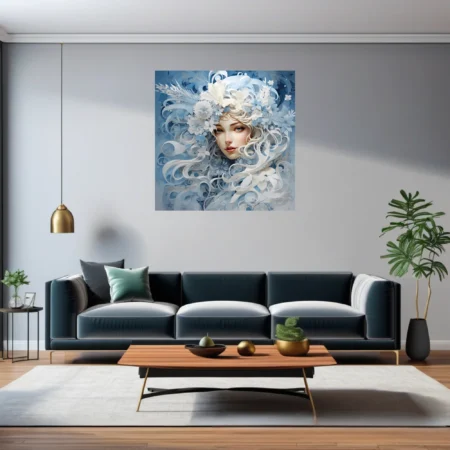 Fantasy winter queen portrait with swirling white florals and icy blue tones