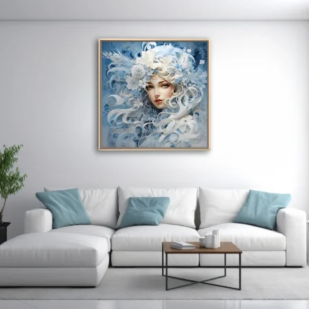 Fantasy winter queen portrait with swirling white florals and icy blue tones