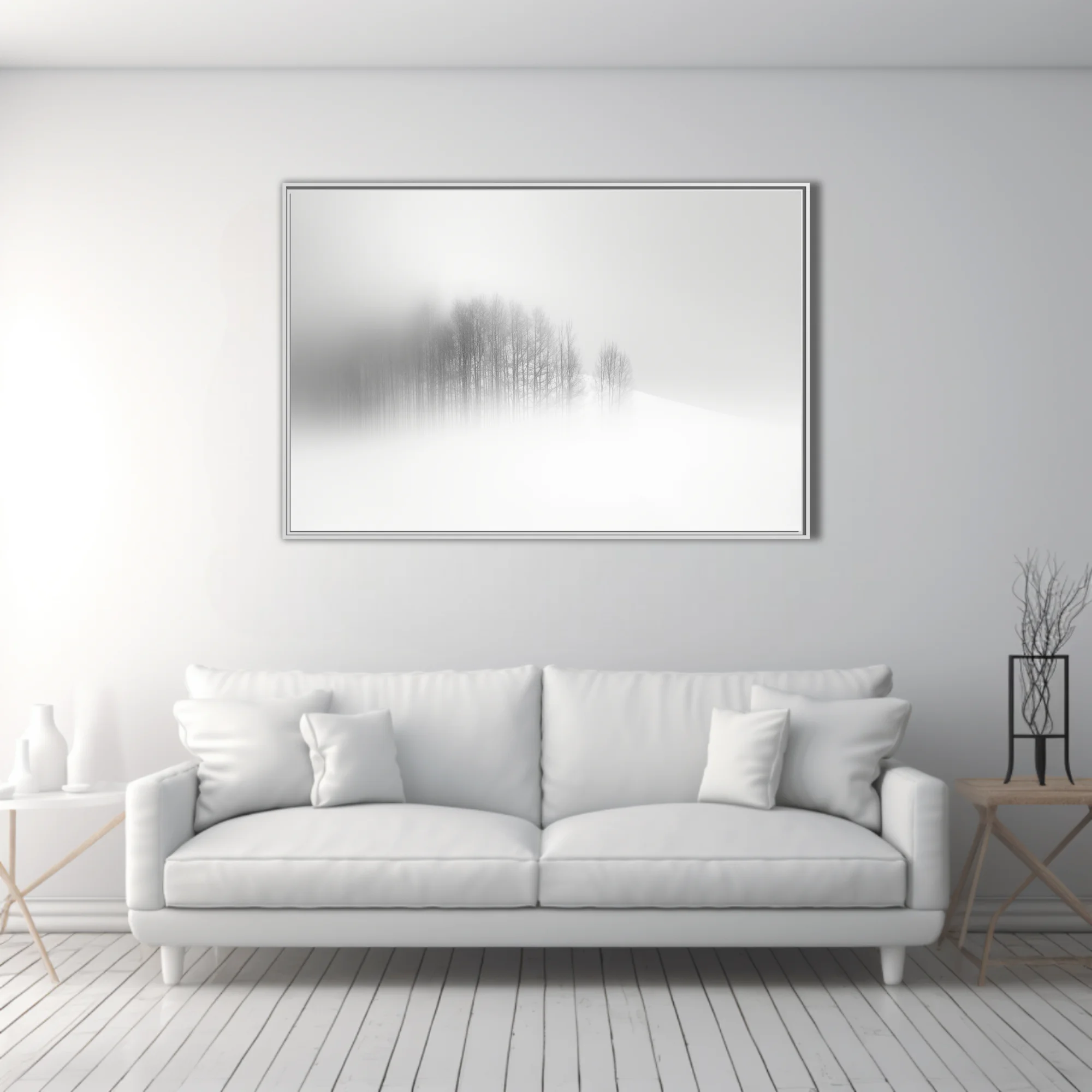 Minimalist misty winter landscape, bare trees fading into snow and fog, monochrome