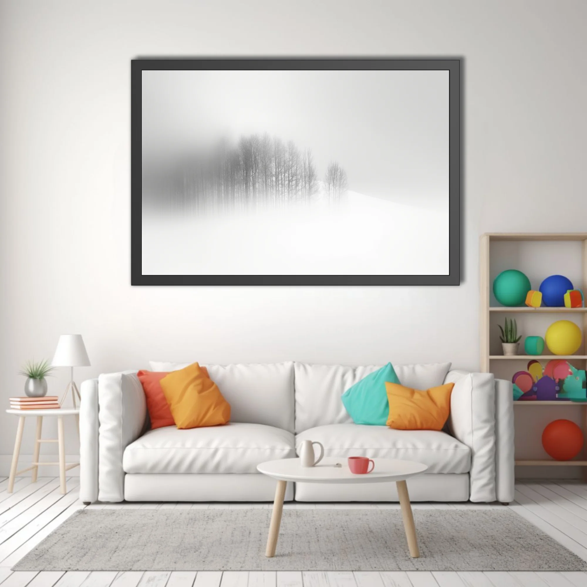 Minimalist misty winter landscape, bare trees fading into snow and fog, monochrome