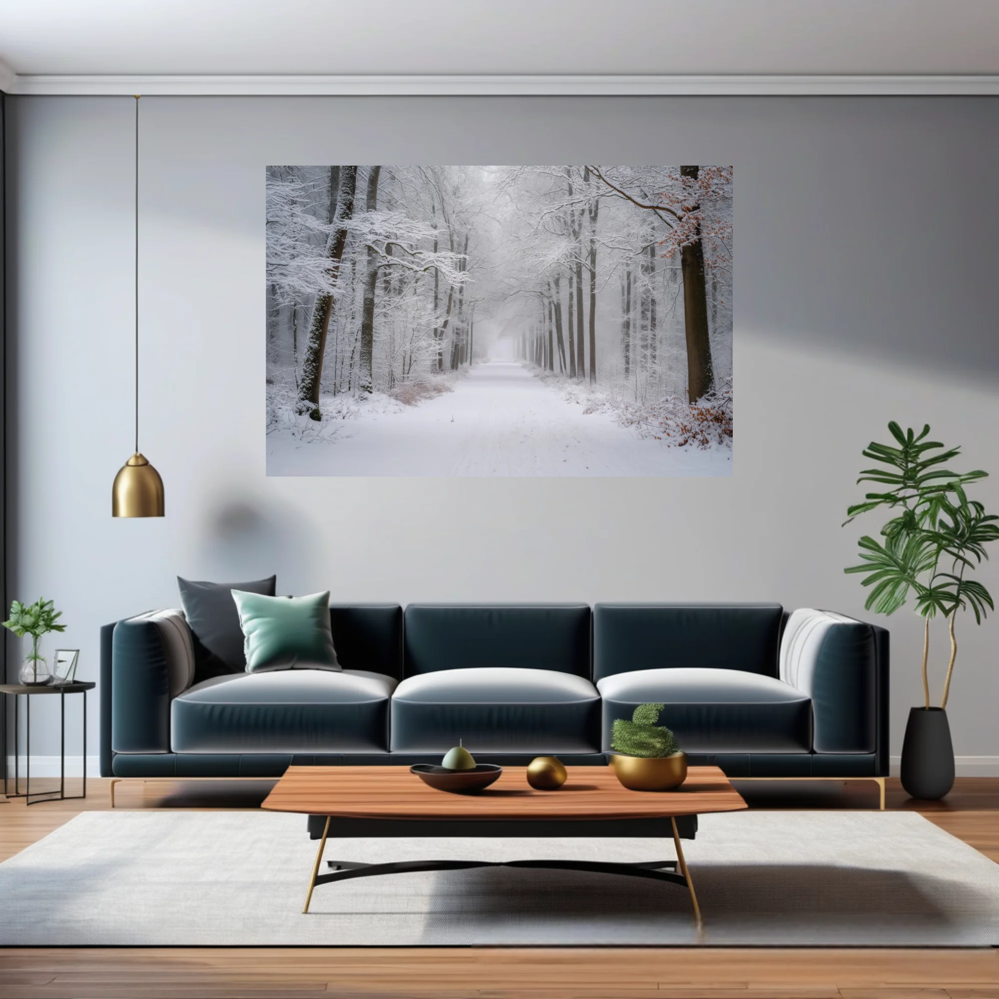 Snowy winter forest path with fog-softened trees and white-draped branches