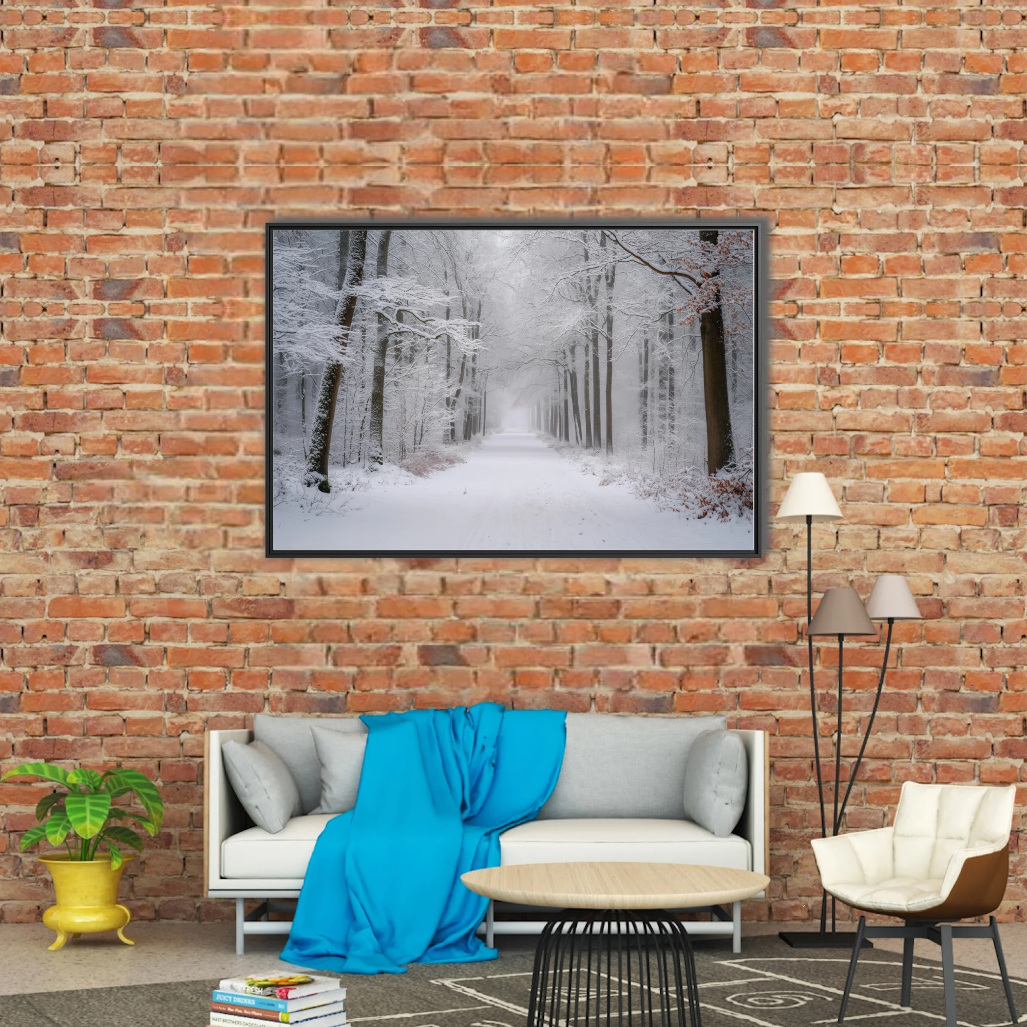 Snowy winter forest path with fog-softened trees and white-draped branches