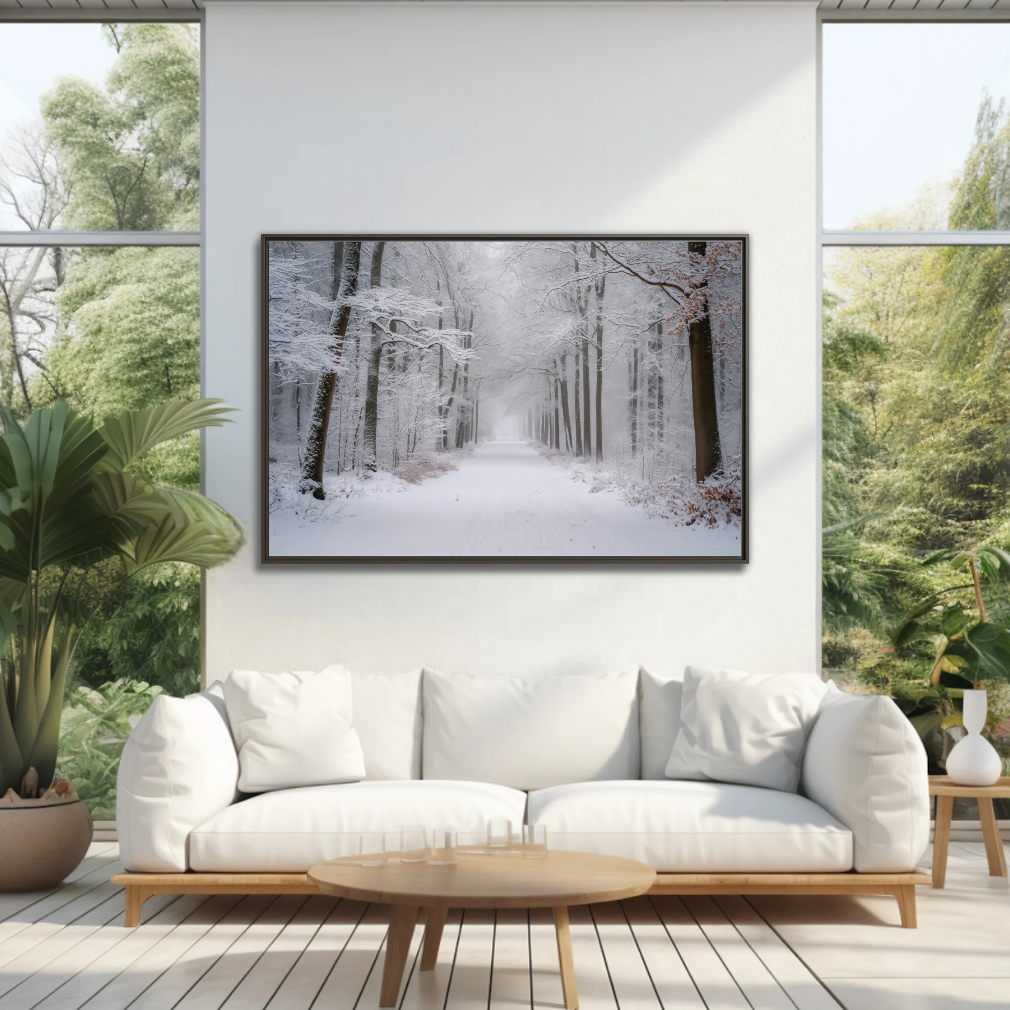 Snowy winter forest path with fog-softened trees and white-draped branches