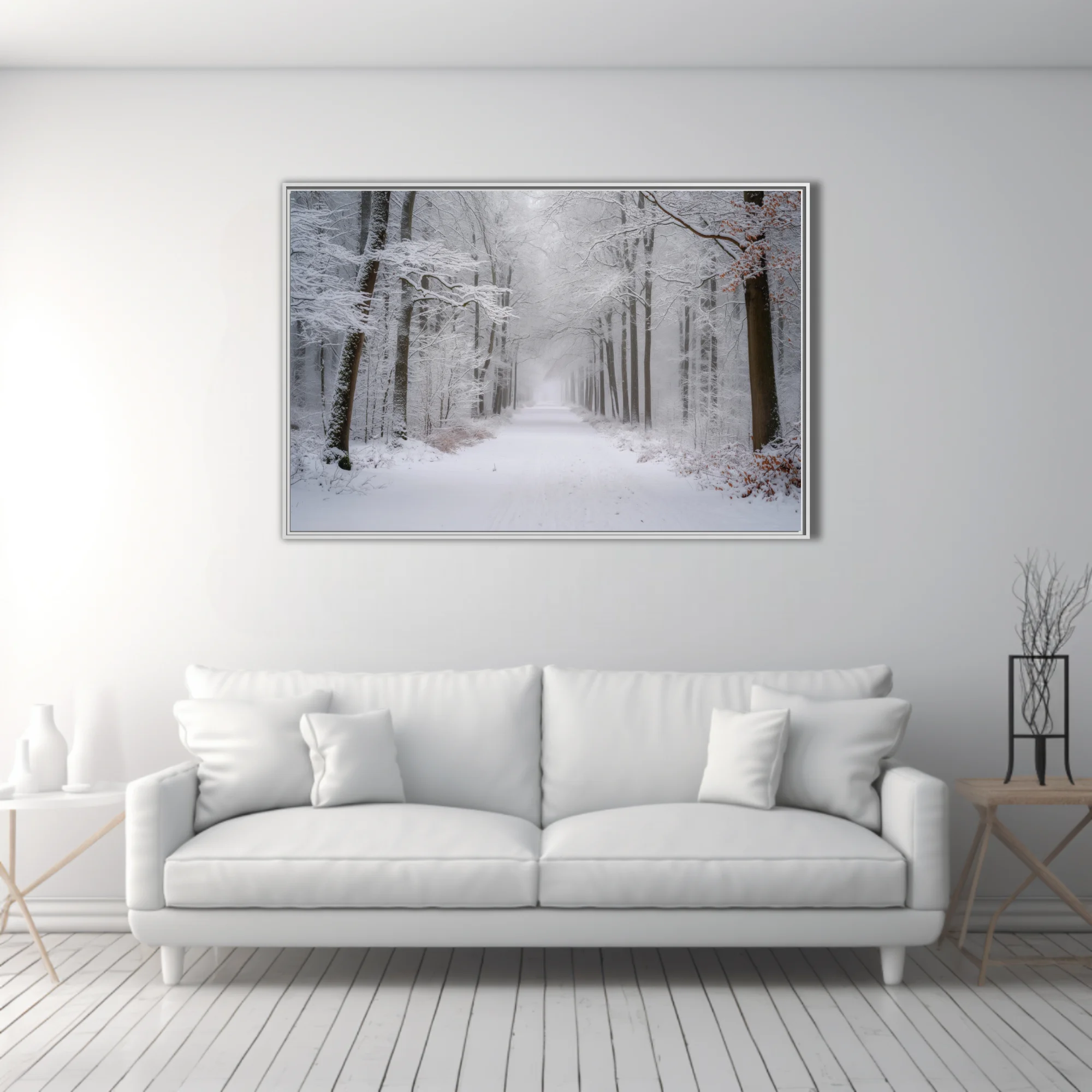 Snowy winter forest path with fog-softened trees and white-draped branches
