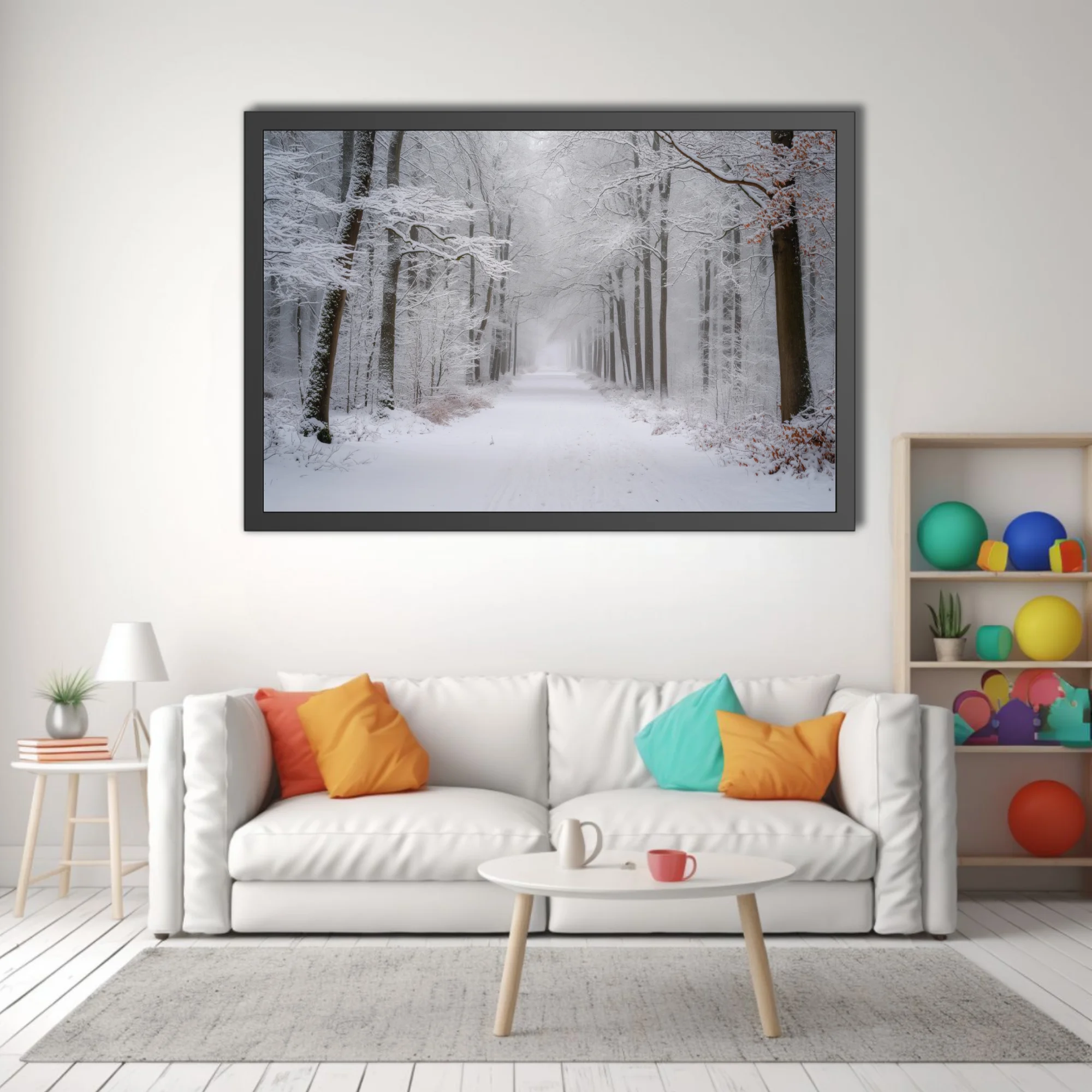 Snowy winter forest path with fog-softened trees and white-draped branches
