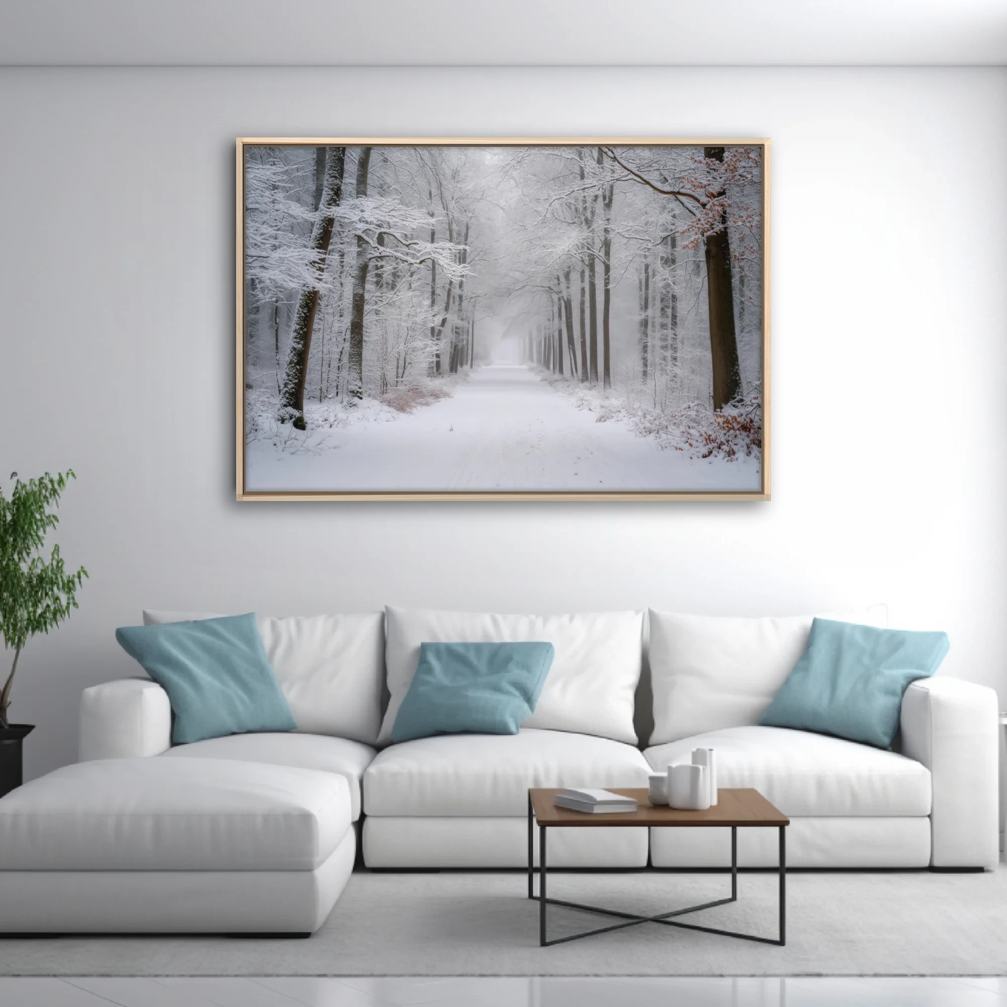 Snowy winter forest path with fog-softened trees and white-draped branches