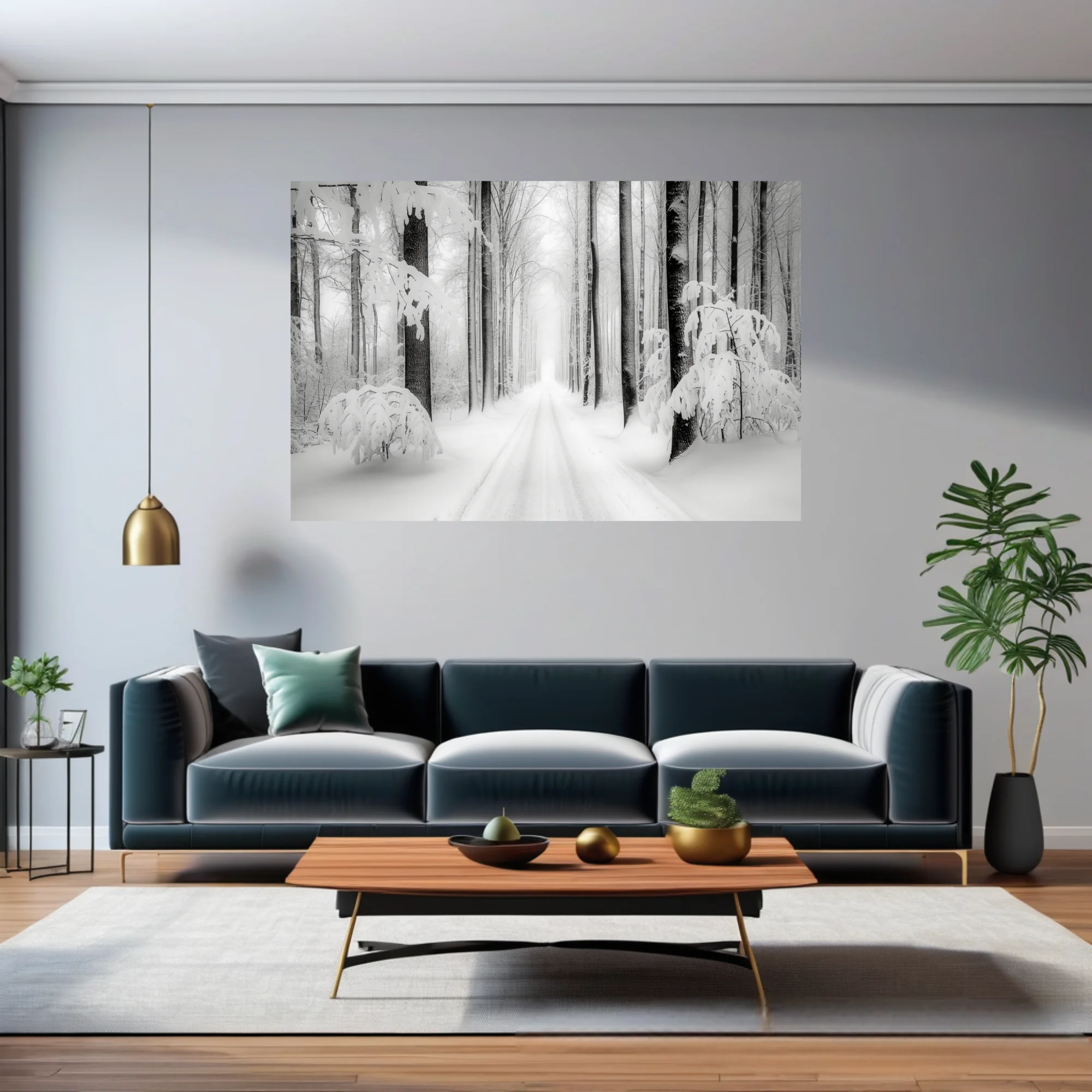 Black-and-white snowy forest road lined with frost-covered trees