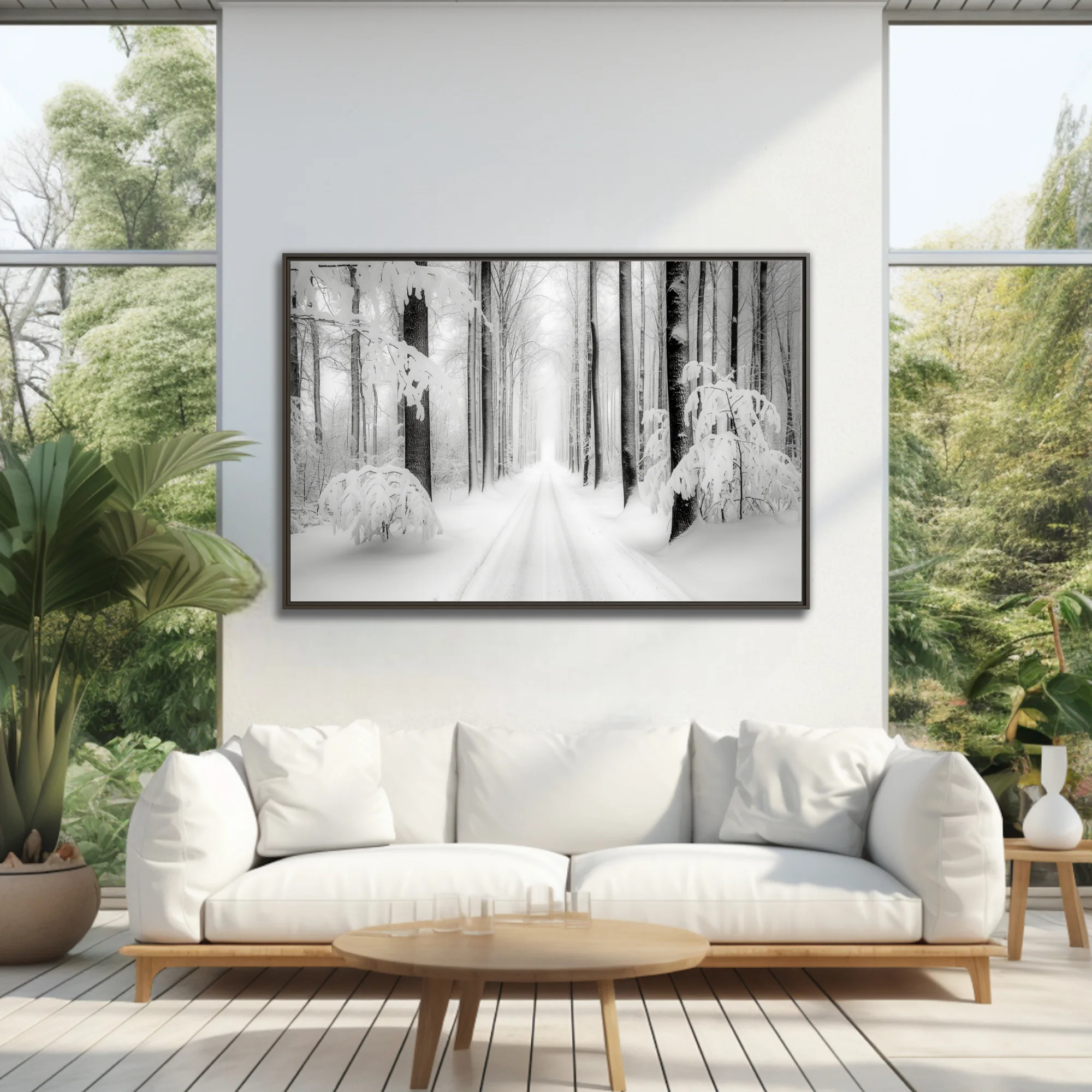 Black-and-white snowy forest road lined with frost-covered trees