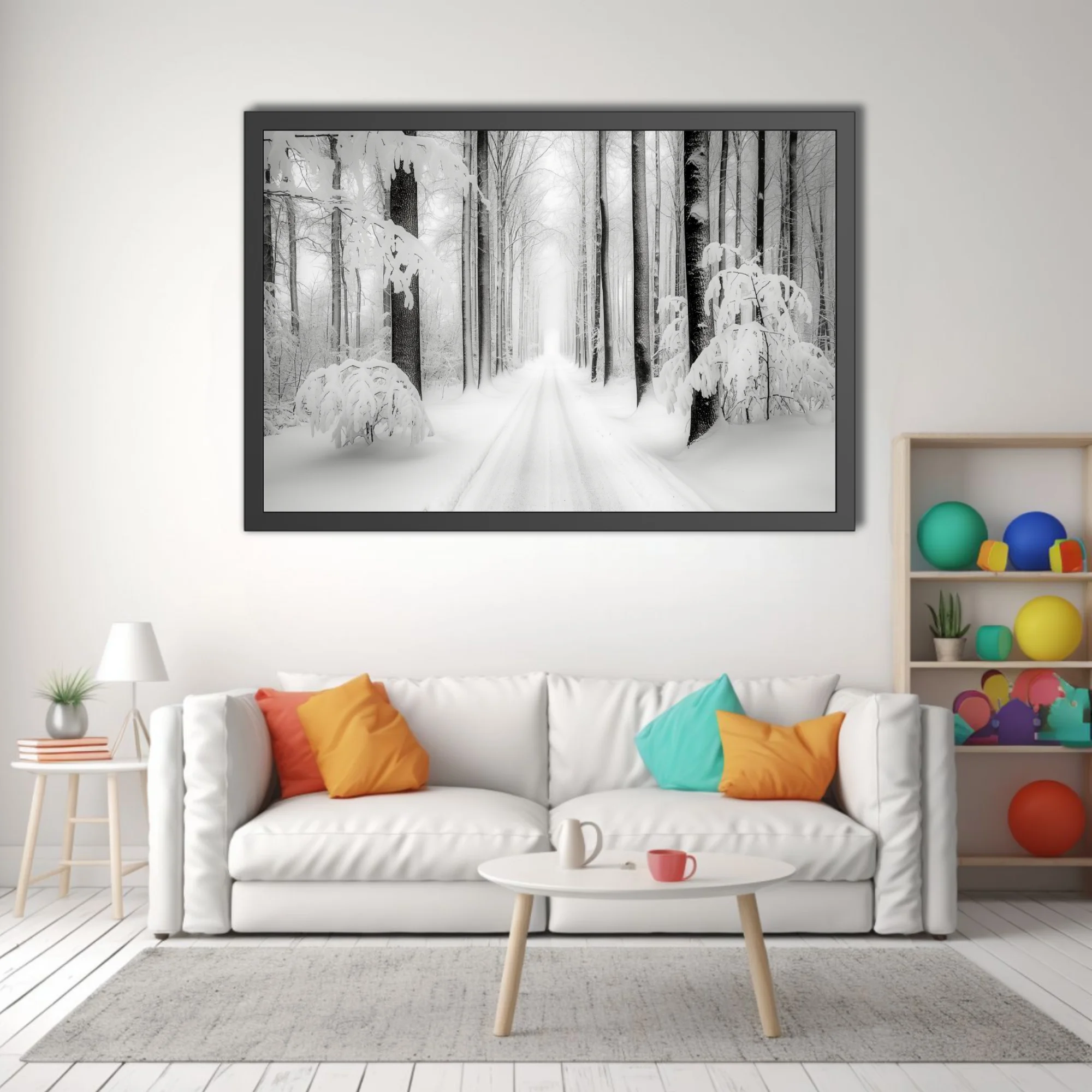 Black-and-white snowy forest road lined with frost-covered trees