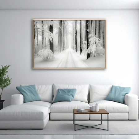 Black-and-white snowy forest road lined with frost-covered trees