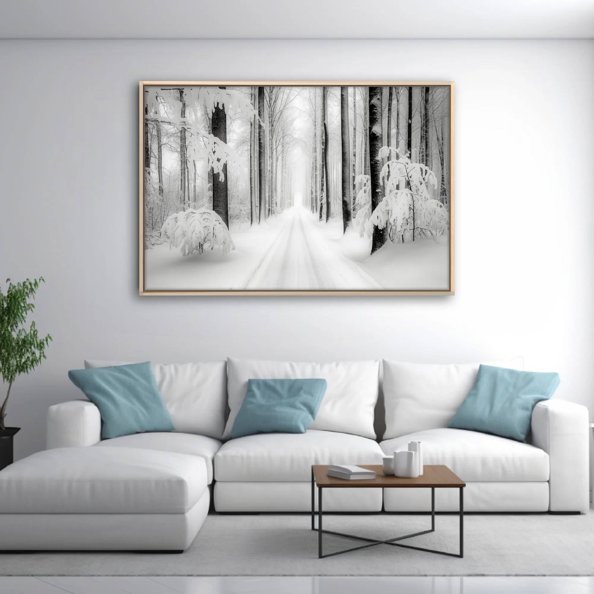 Black-and-white snowy forest road lined with frost-covered trees