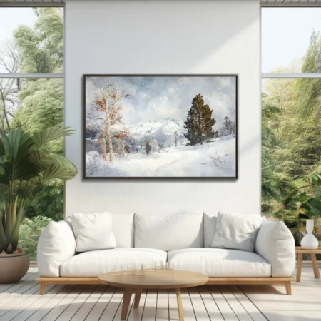 Watercolor-style snowy mountain landscape with aspens, evergreens, and falling snow in muted blues and whites