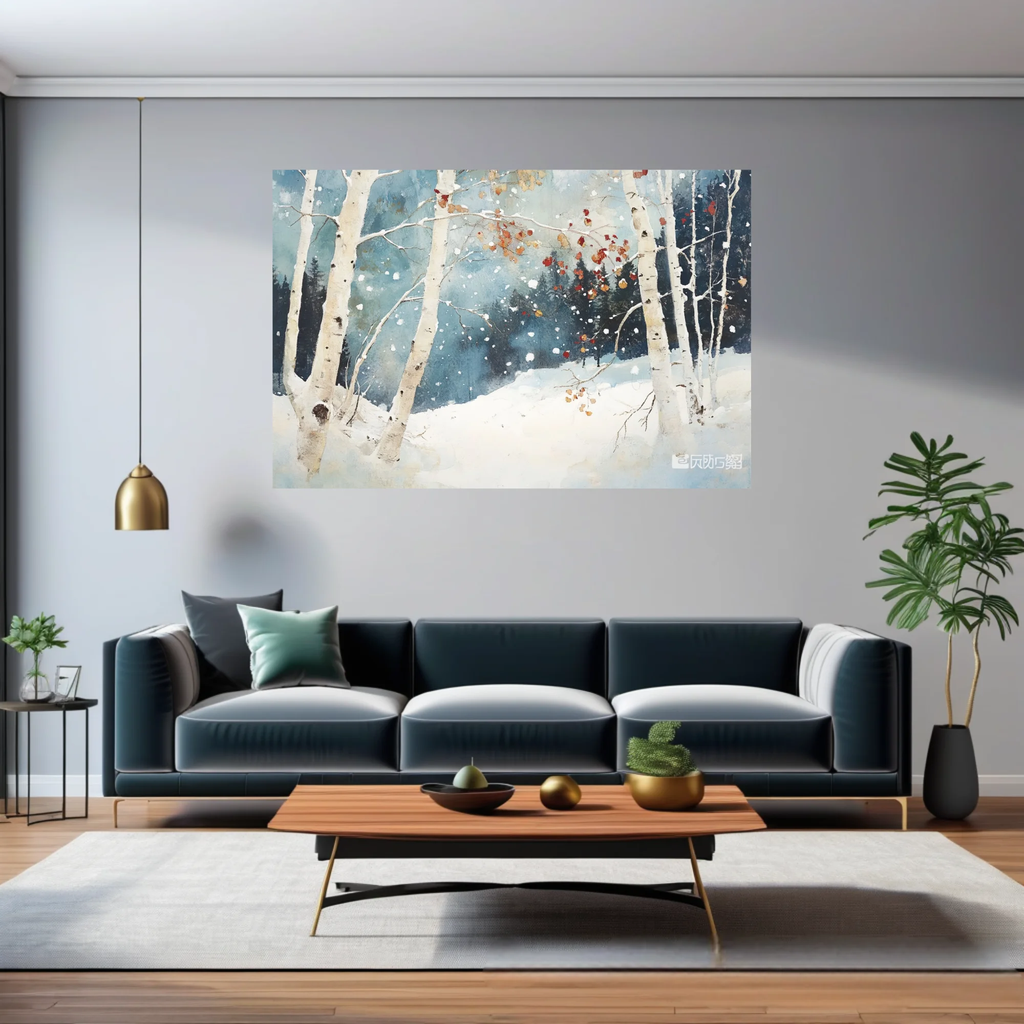 Painterly winter birch forest snowscape with falling snow, rust leaves, and slate-blue tones