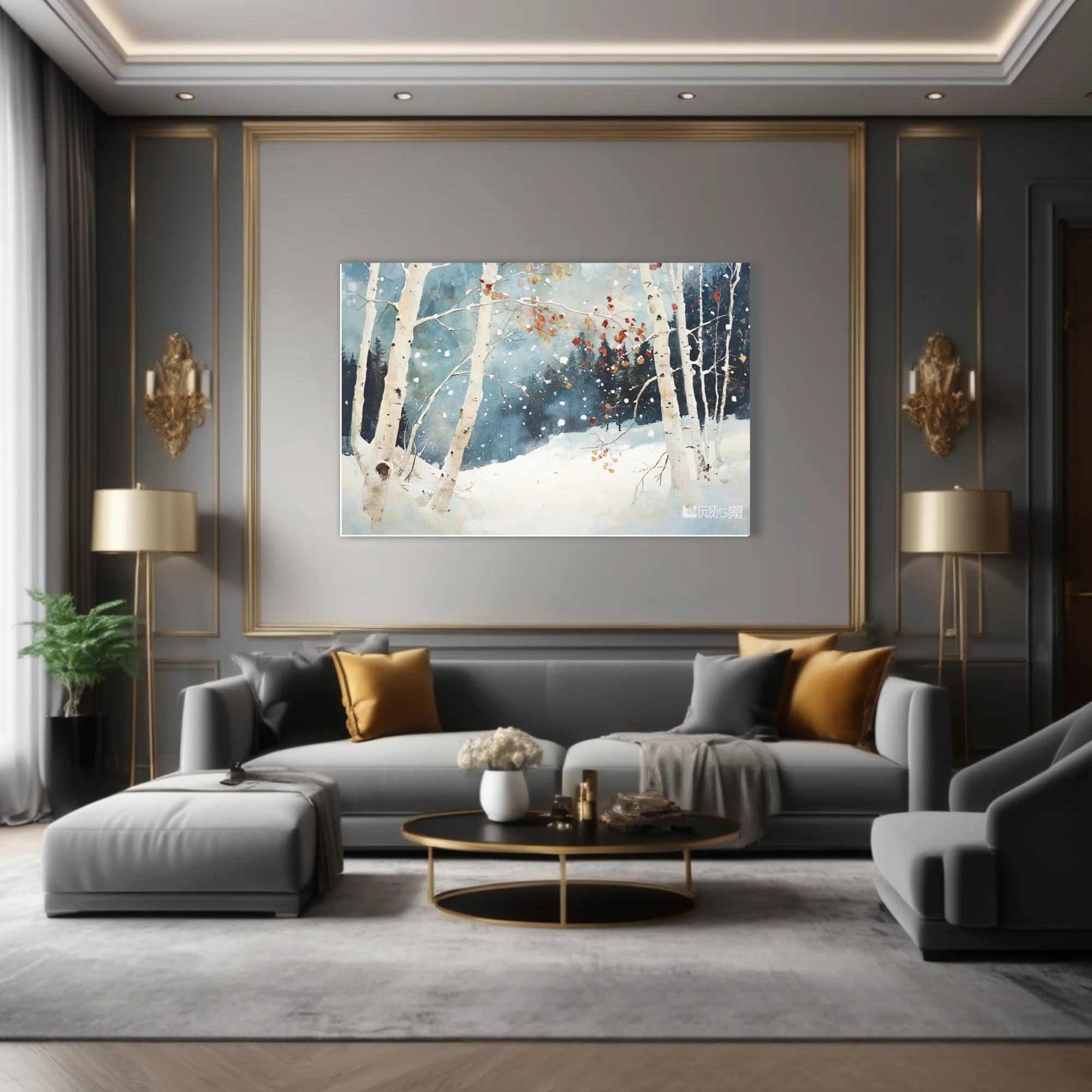 Painterly winter birch forest snowscape with falling snow, rust leaves, and slate-blue tones
