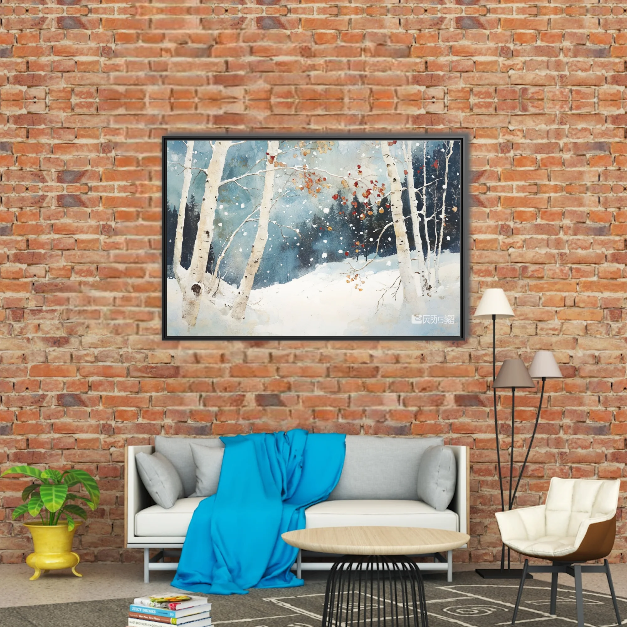 Painterly winter birch forest snowscape with falling snow, rust leaves, and slate-blue tones